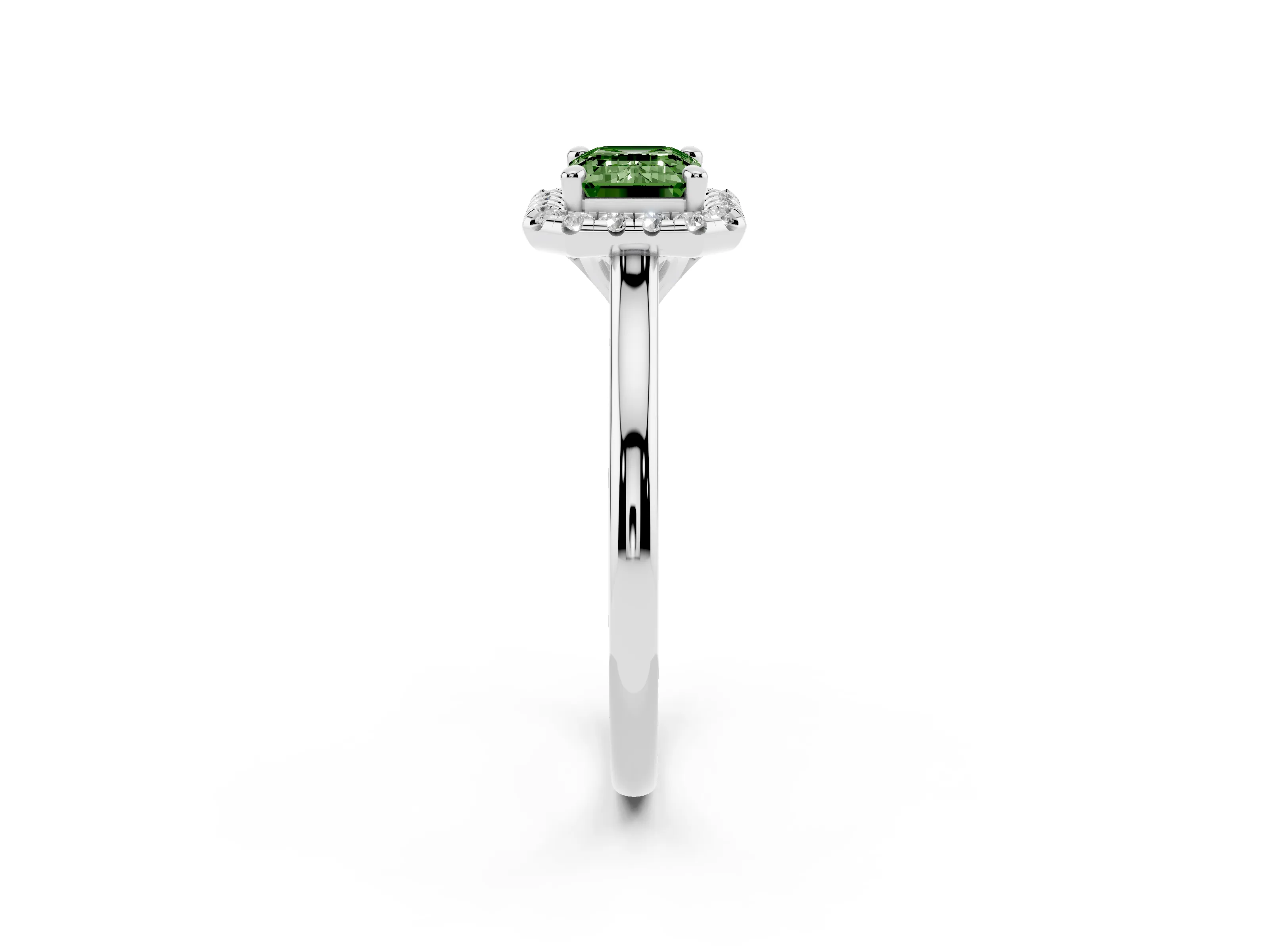 Fancy Green Emerald Cut Diamond Halo Engagement Ring Set in White gold with Pavé Band and Rising Shoulders