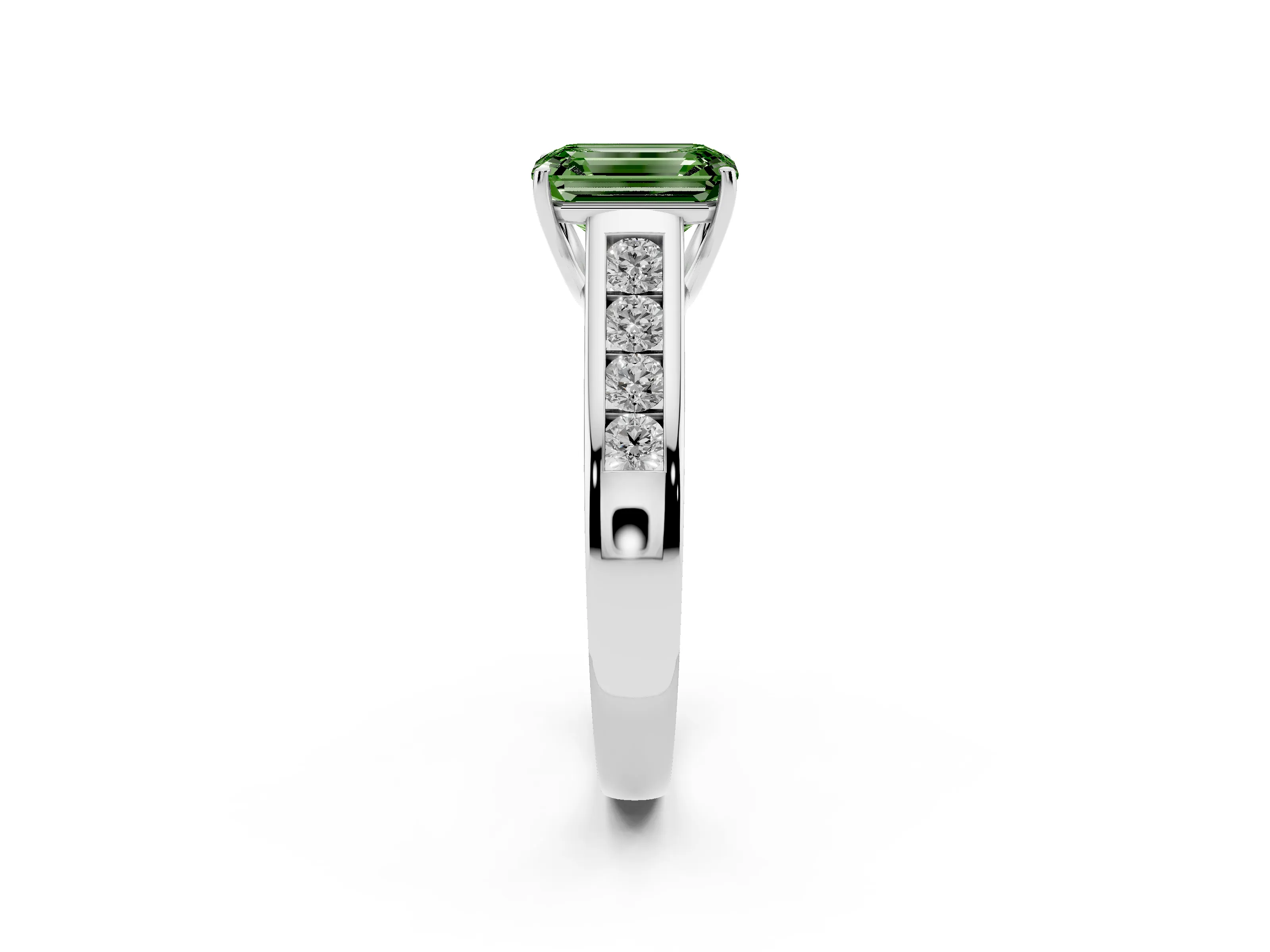Fancy Green Emerald Cut Diamond Solitaire Channel-Set Engagement Ring Set in White gold with Prong Setting