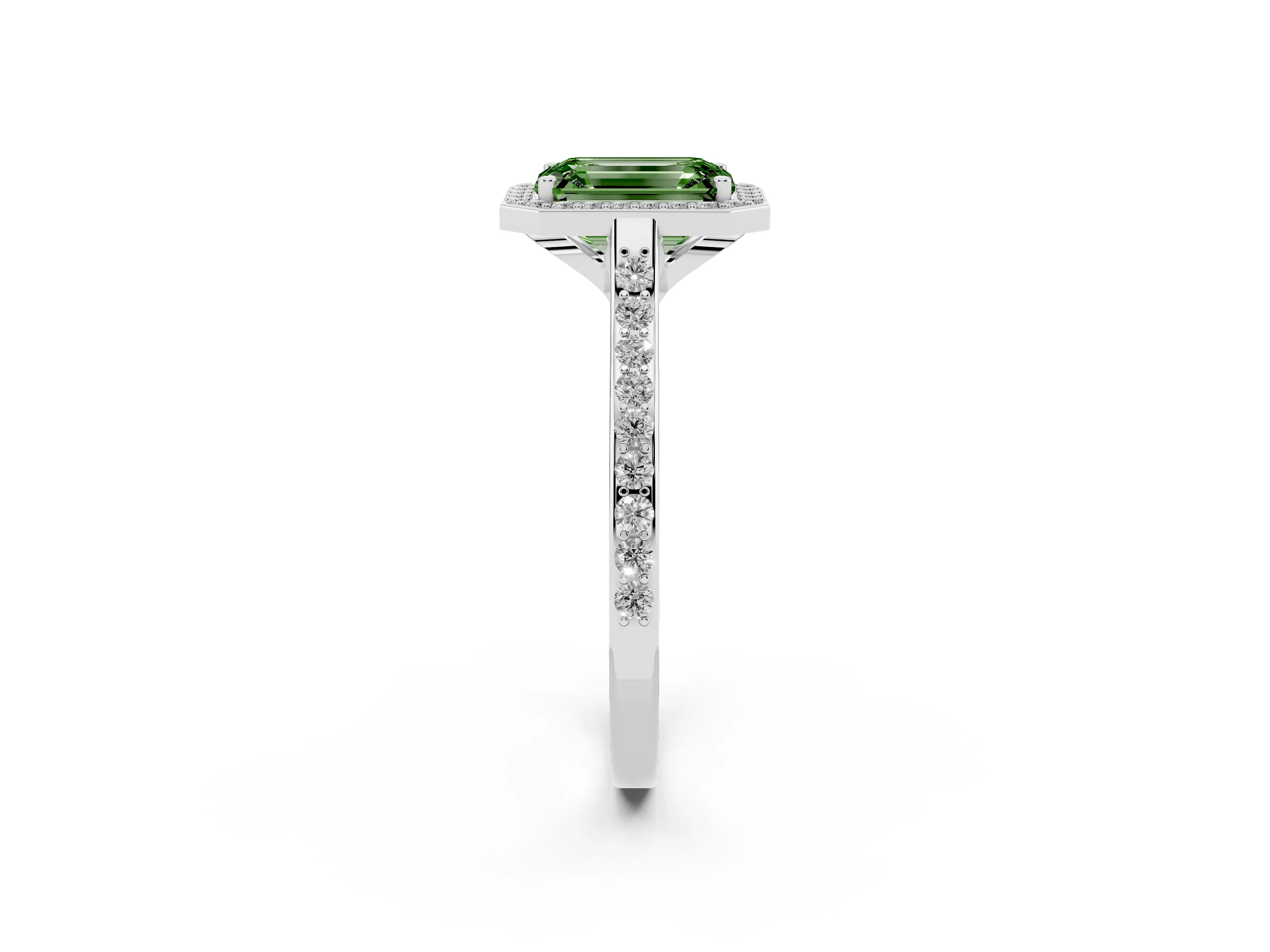 Fancy Green Emerald Cut Diamond Halo Engagement Ring Set in Platinum with Round Pavé Shoulders and Heart Gallery