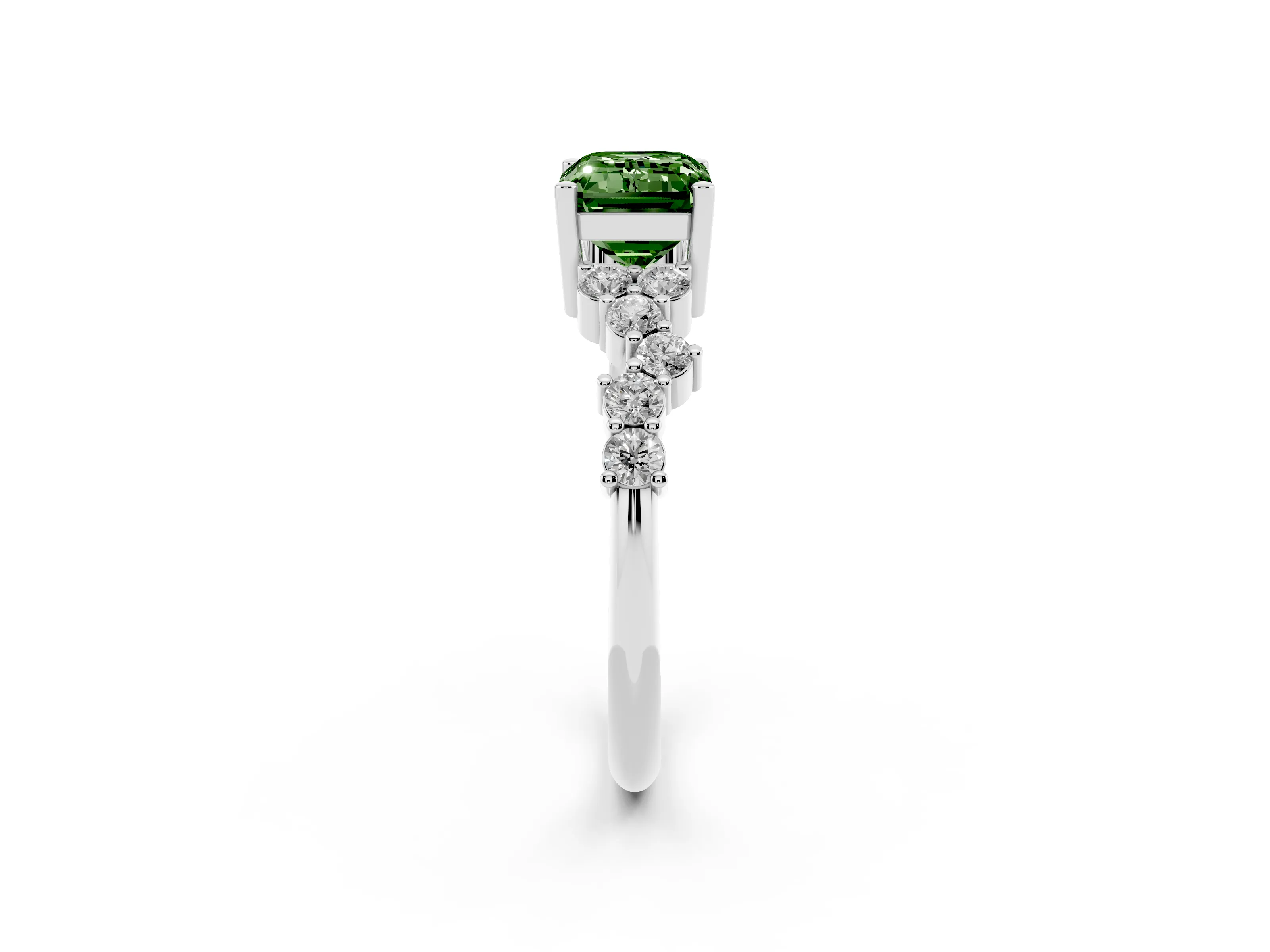 Fancy Green Emerald Cut Diamond Ring Set in Silver with Scattered Round Accents