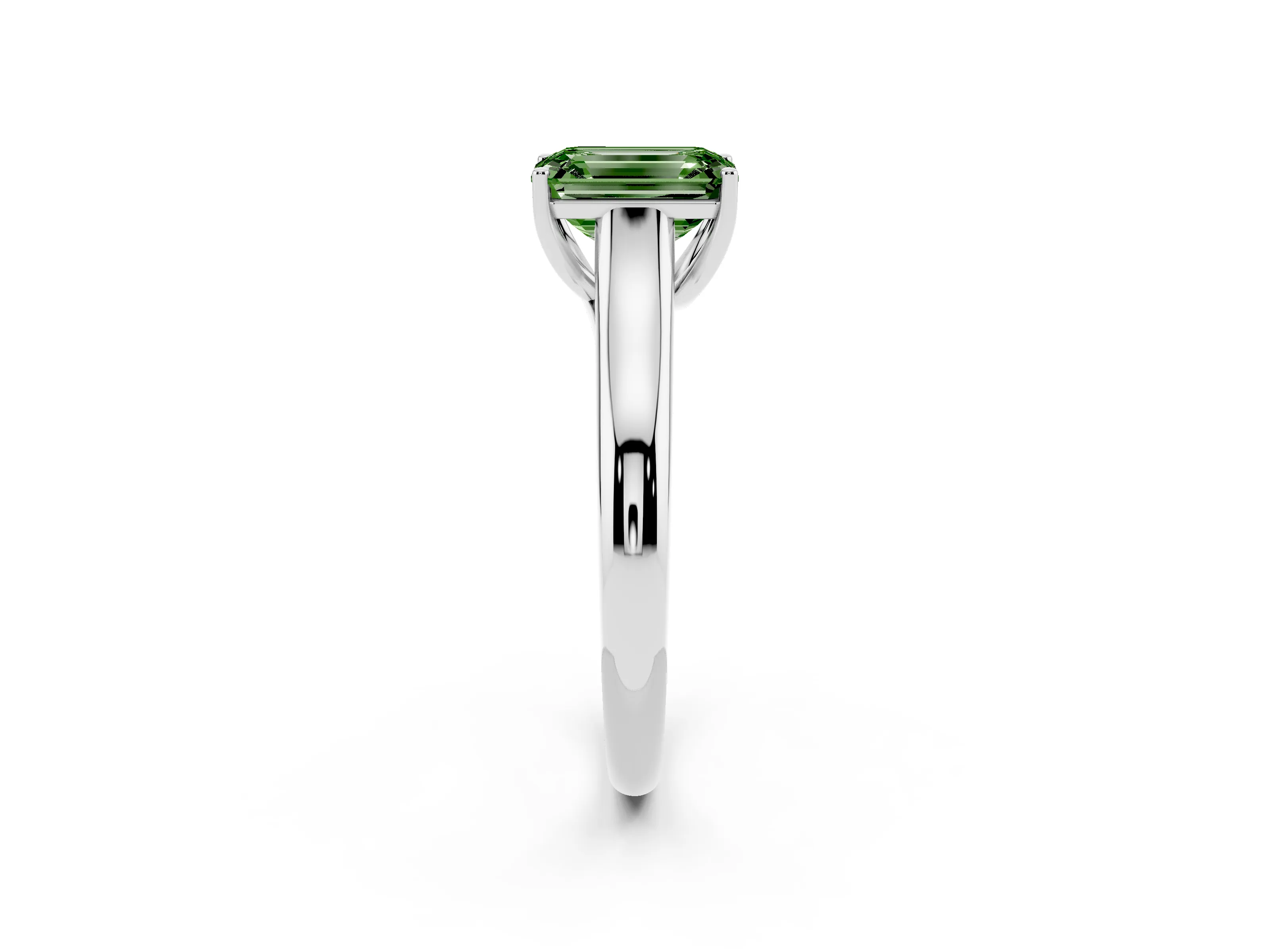 Fancy Green Emerald Cut Diamond Solitaire Engagement Ring Set in White gold with Subtly Tapered Band and Prong Setting