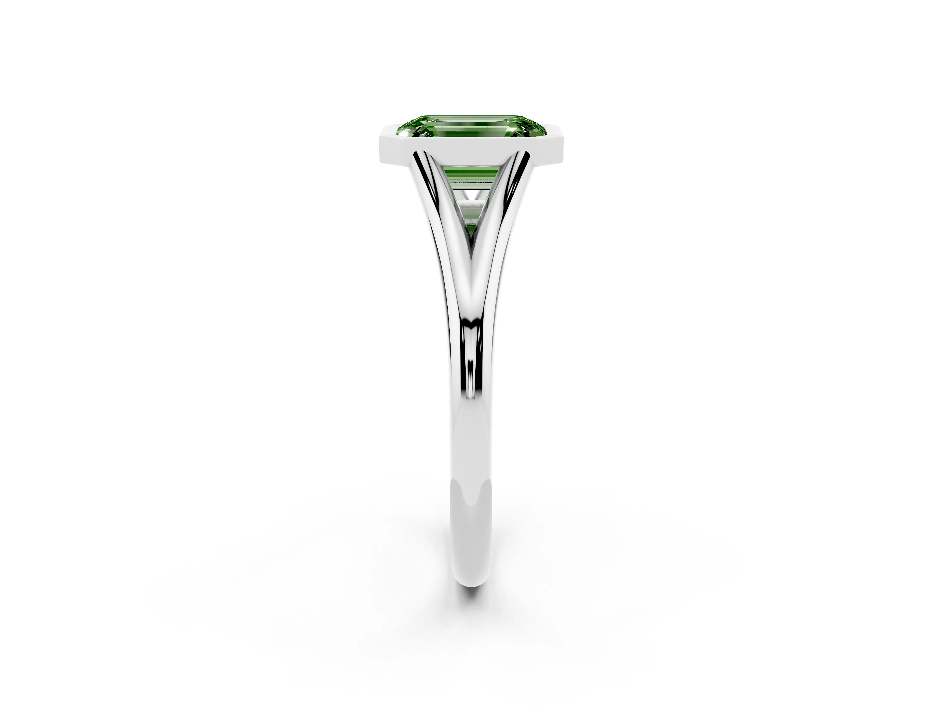 Fancy Green Bezel Set Emerald Cut Diamond Solitaire Ring Set in Platinum with Tapered Band