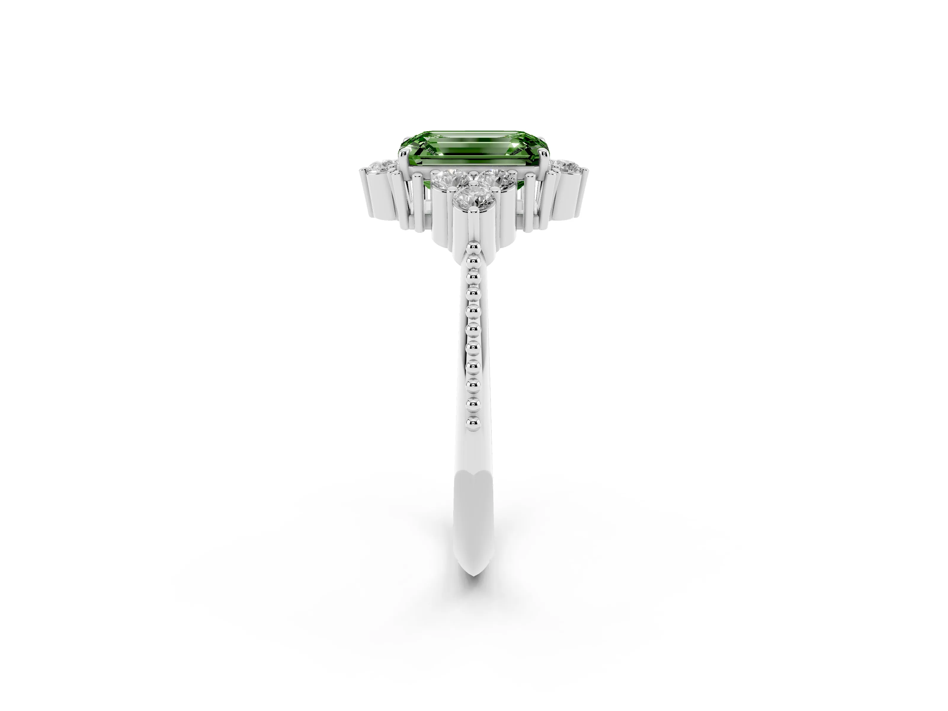 Fancy Green Emerald Cut Diamond Cluster Ring Set in Silver with Beaded Band
