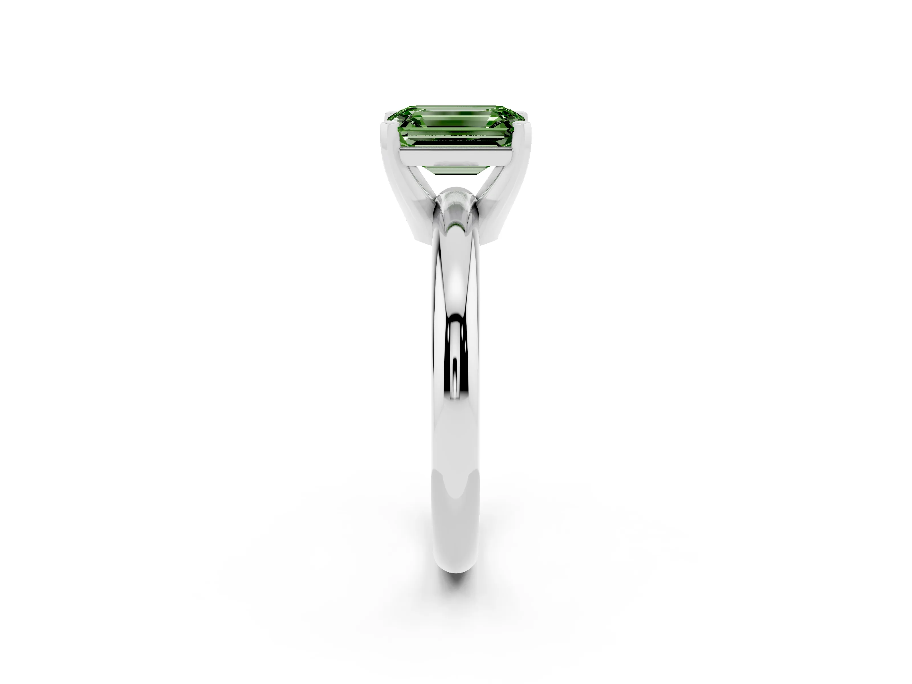 Fancy Green Emerald Cut Diamond Solitaire Engagement Ring Set in Silver with Round Band and Prong Setting