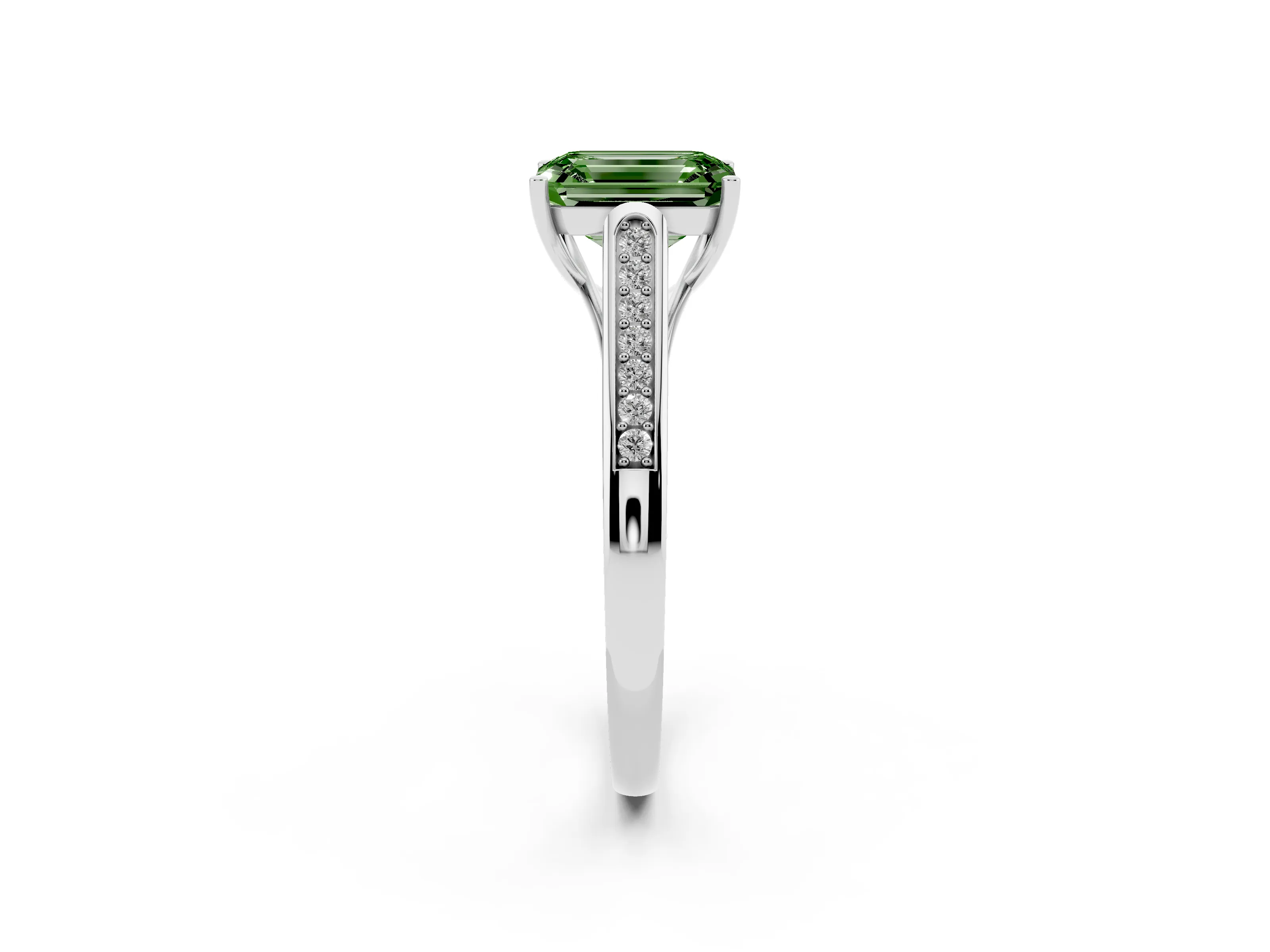 Fancy Green Emerald Cut Diamond Solitaire Cathedral Engagement Ring Set in White gold with Channel-Set Band and Prong Setting