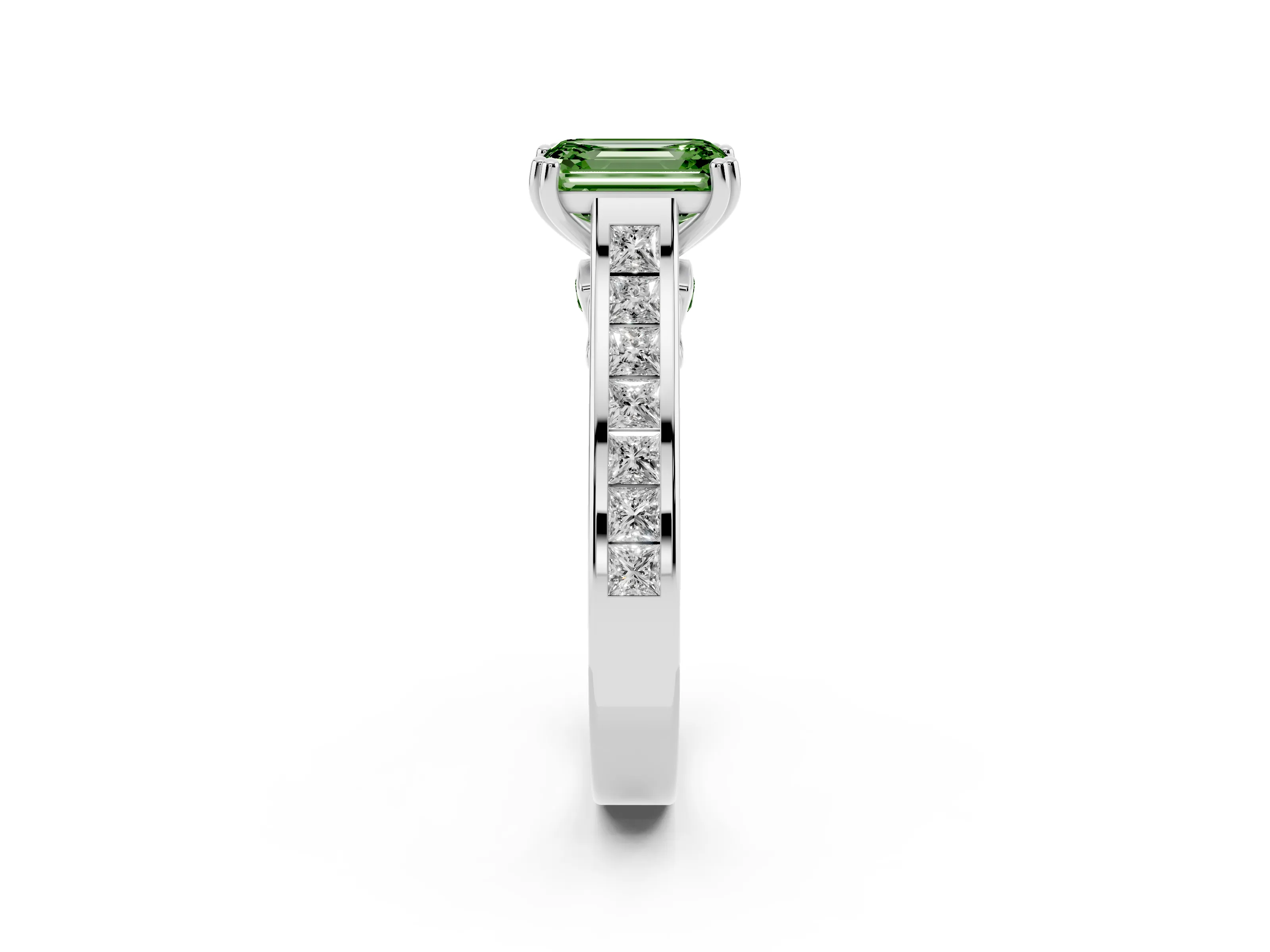 Fancy Green Emerald Cut Diamond Channel Set Solitaire Engagement Ring Set in Platinum with Prong Setting