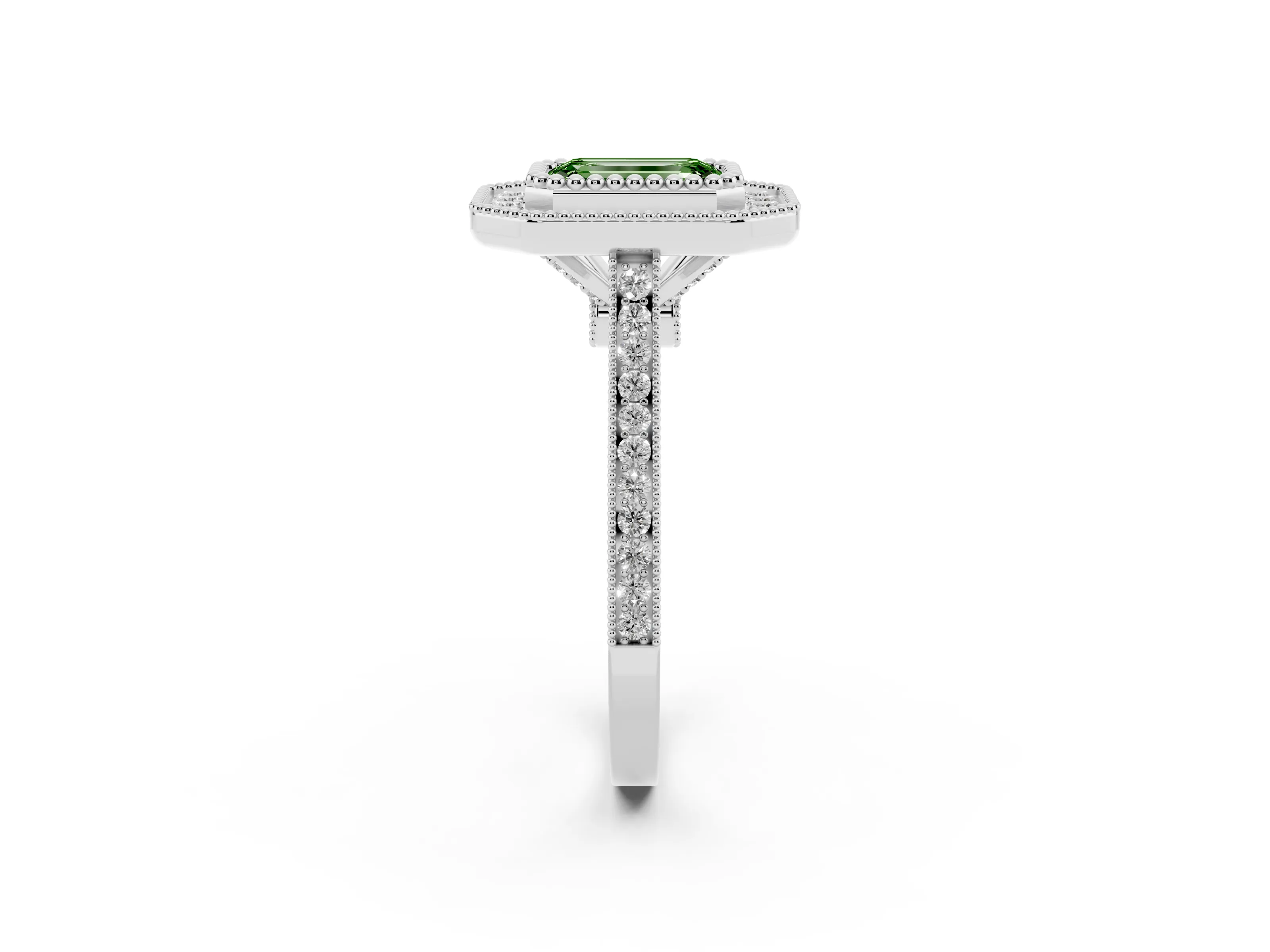 Fancy Green Emerald Cut Diamond Halo Ring Set in White gold with Milgrain Frame and Pavé Band