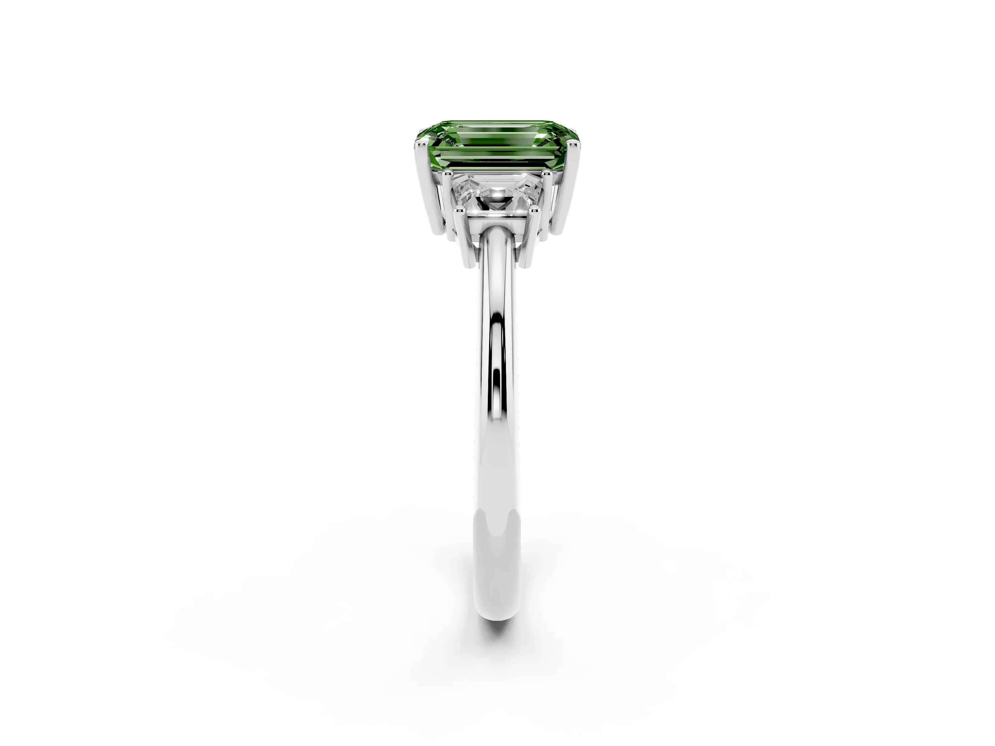 Fancy Green Emerald Cut Diamond Three-Stone Ring Set in Silver with Trapezoid Side Stones and Prong Setting