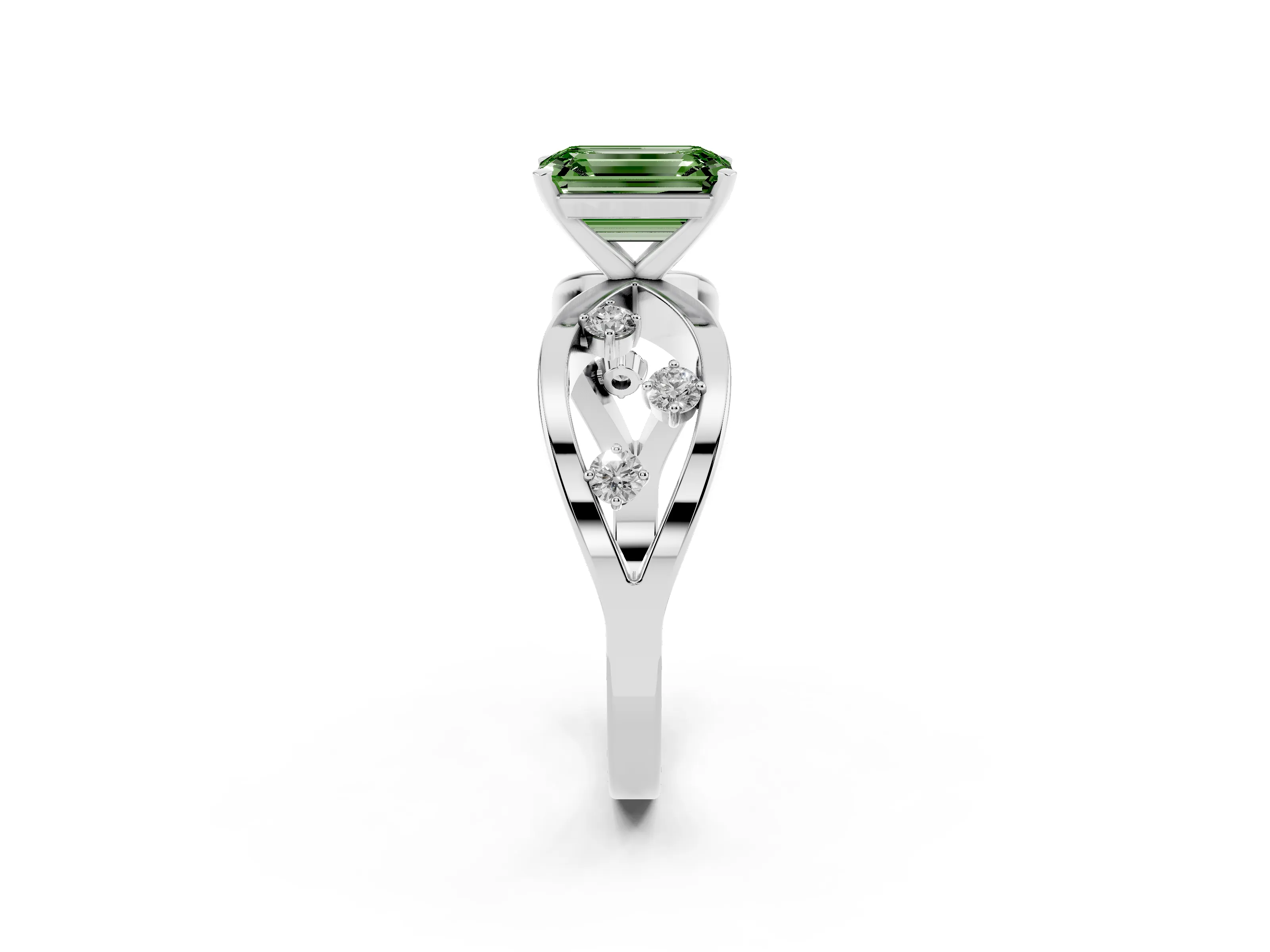 Fancy Green Emerald Cut Diamond Solitaire Ring Set in Platinum with Side Stones on Criss-Cross Band and Prong Setting