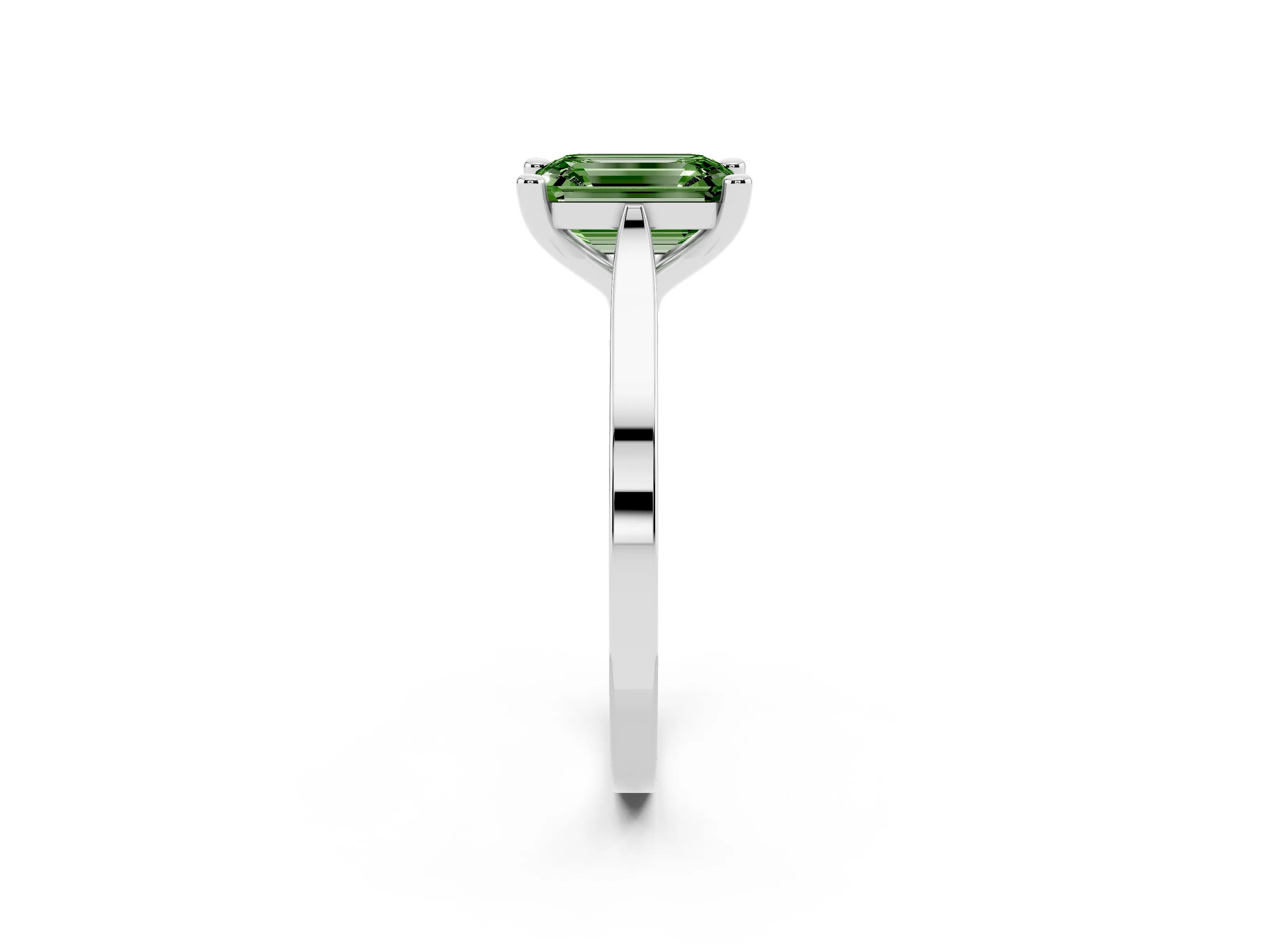 Fancy Green Emerald Cut Diamond Solitaire Ring Set in Silver with Prong Setting and Tapered Band