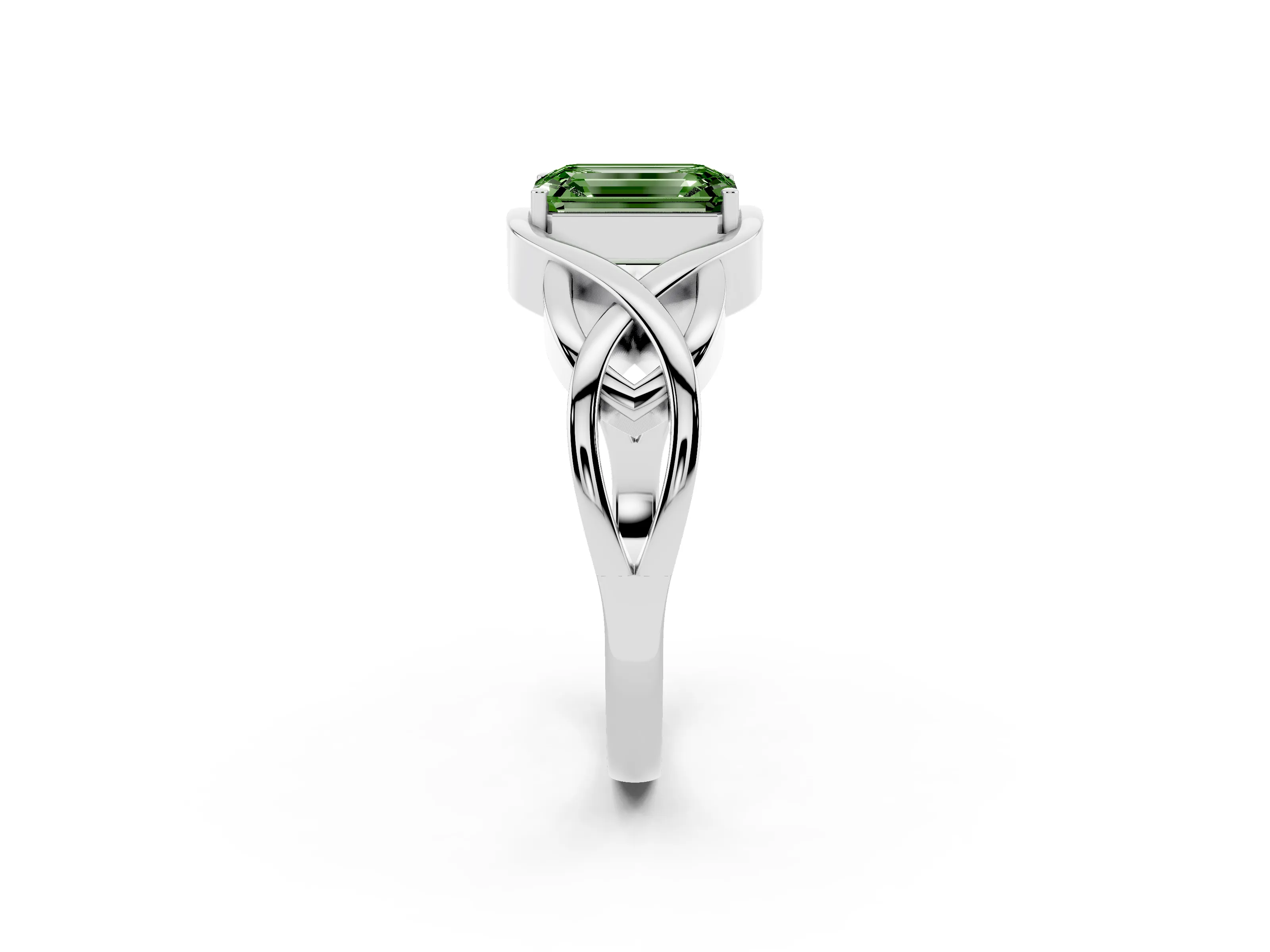 Fancy Green Emerald Cut Diamond Solitaire Ring Set in Platinum with Intertwined Band
