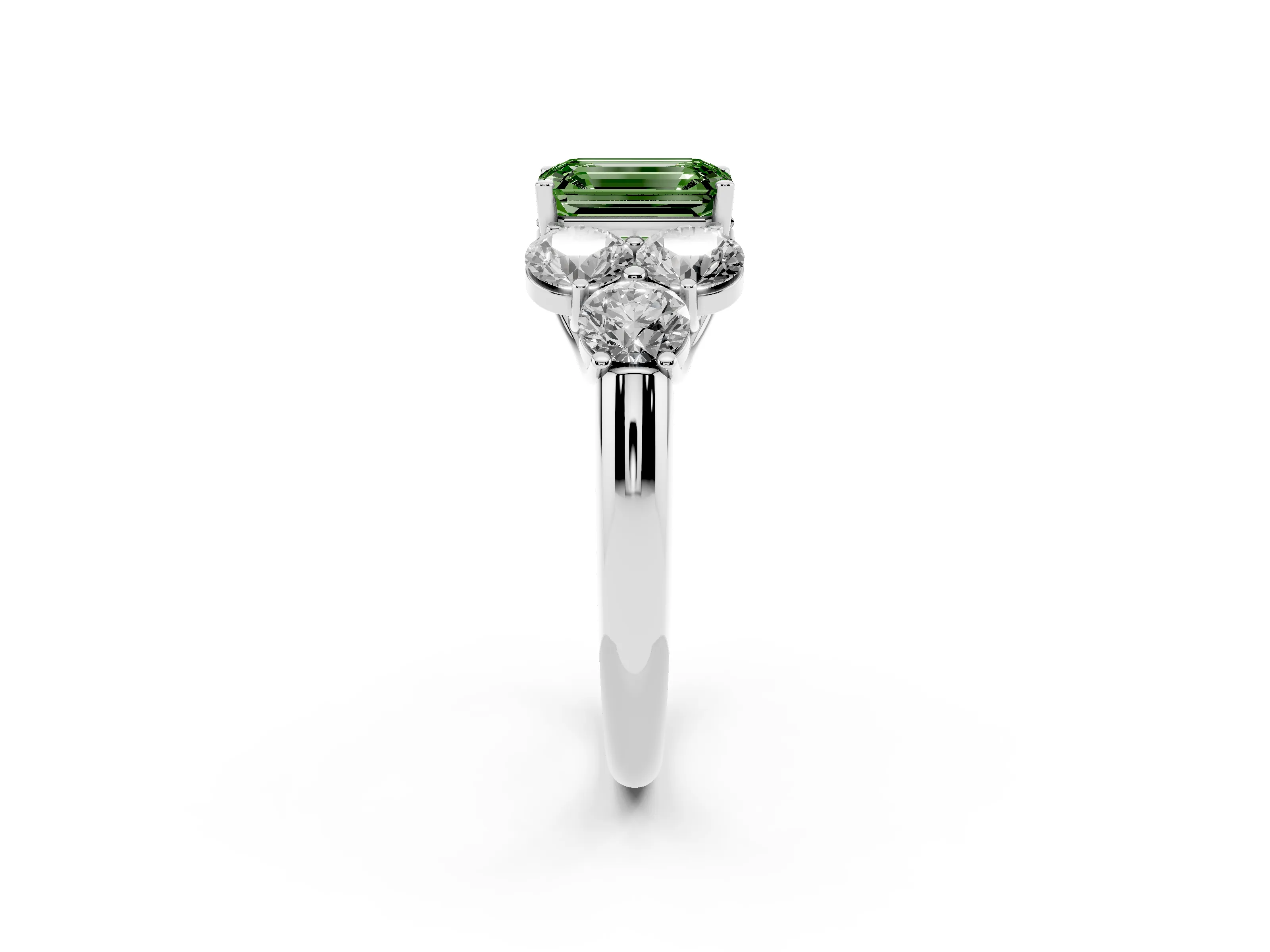 Fancy Green Emerald Cut Diamond Cluster Ring Set in Silver with Round Accent Stones and Prong Setting on a Plain Band