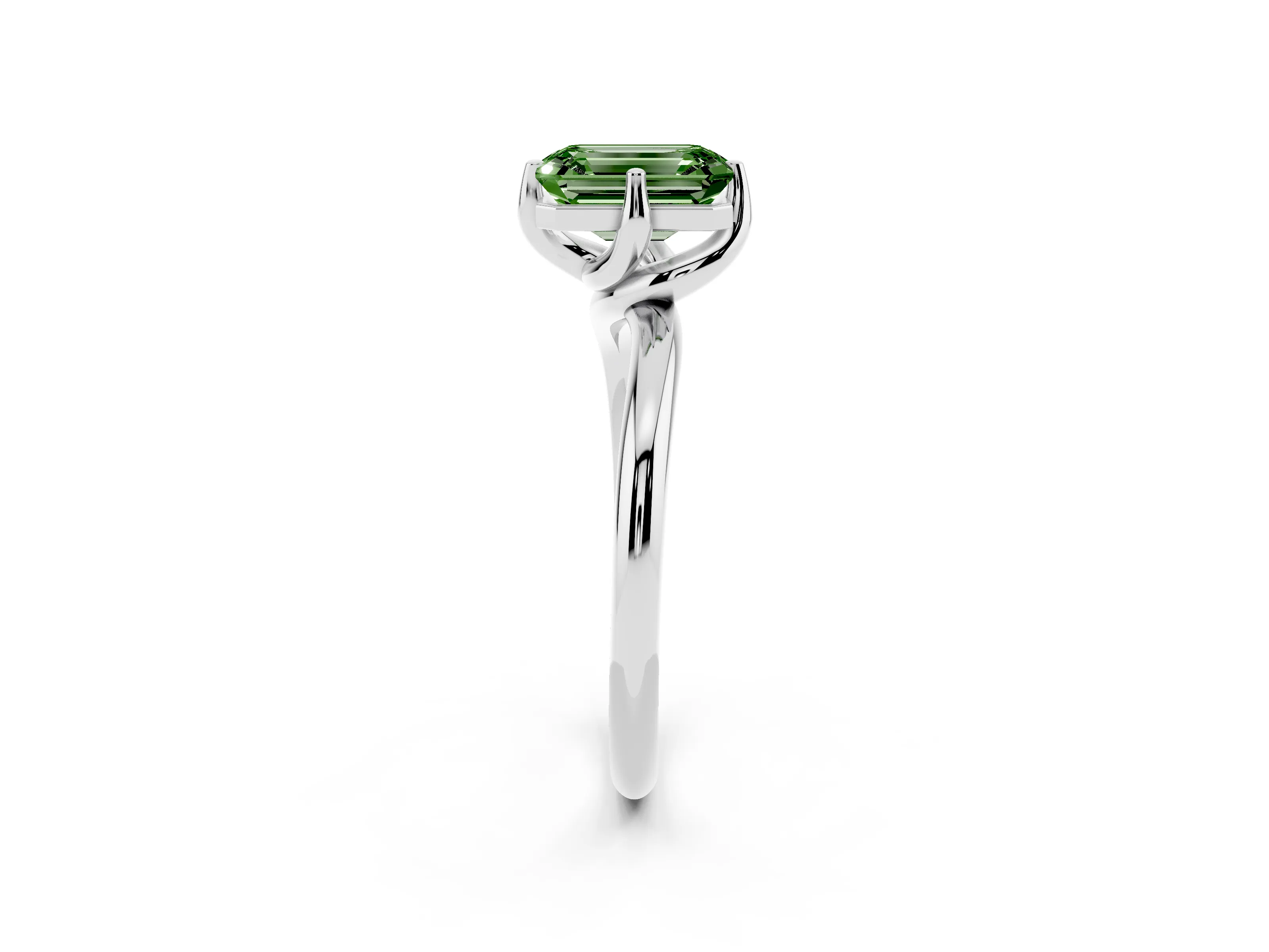 Fancy Green Emerald Cut Diamond Solitaire Engagement Ring Set in White gold with Classic Plain Band