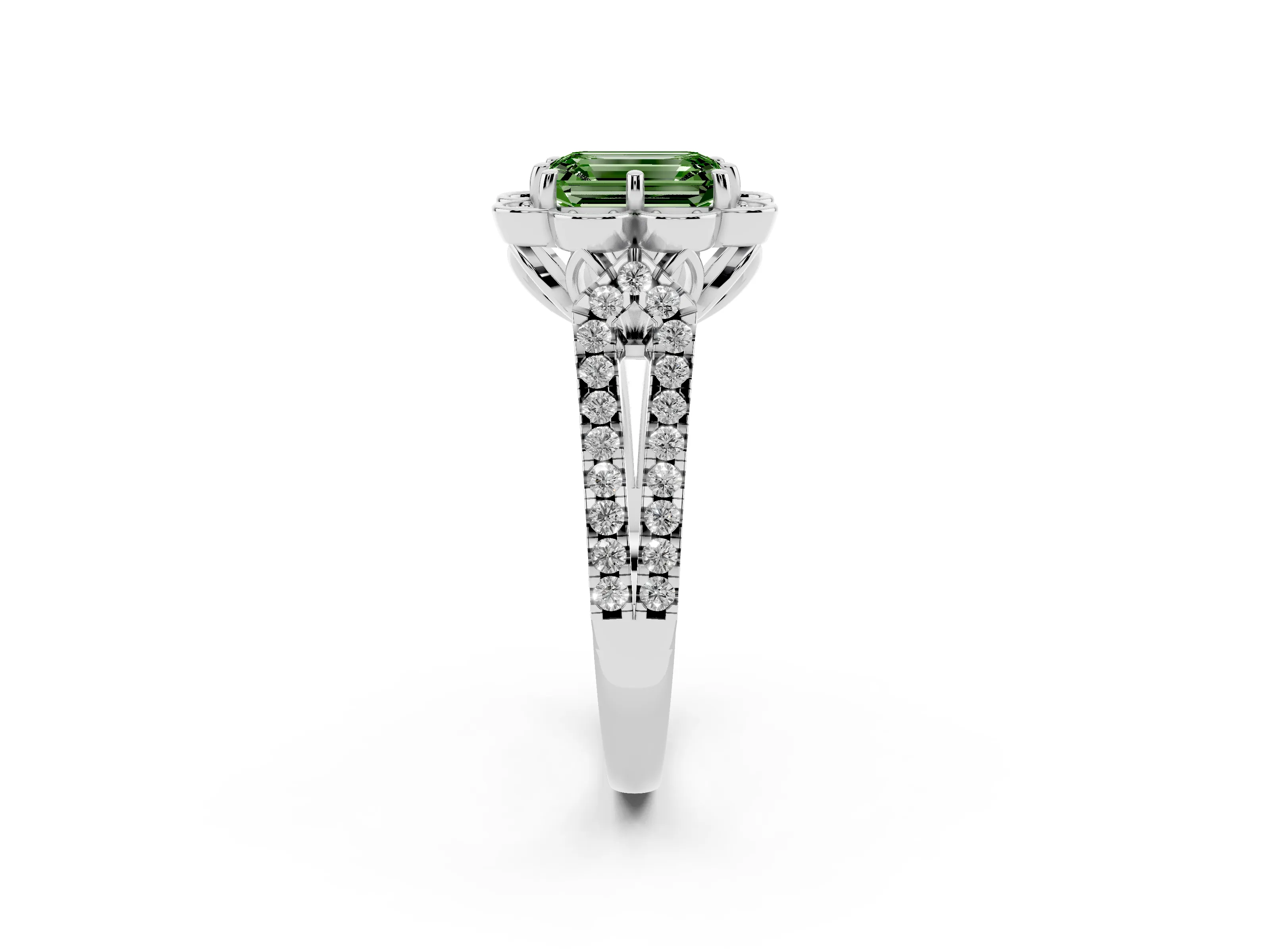 Fancy Green Emerald Cut Diamond Floral Halo Split Shank Engagement Ring Set in Silver with Pavé Shank