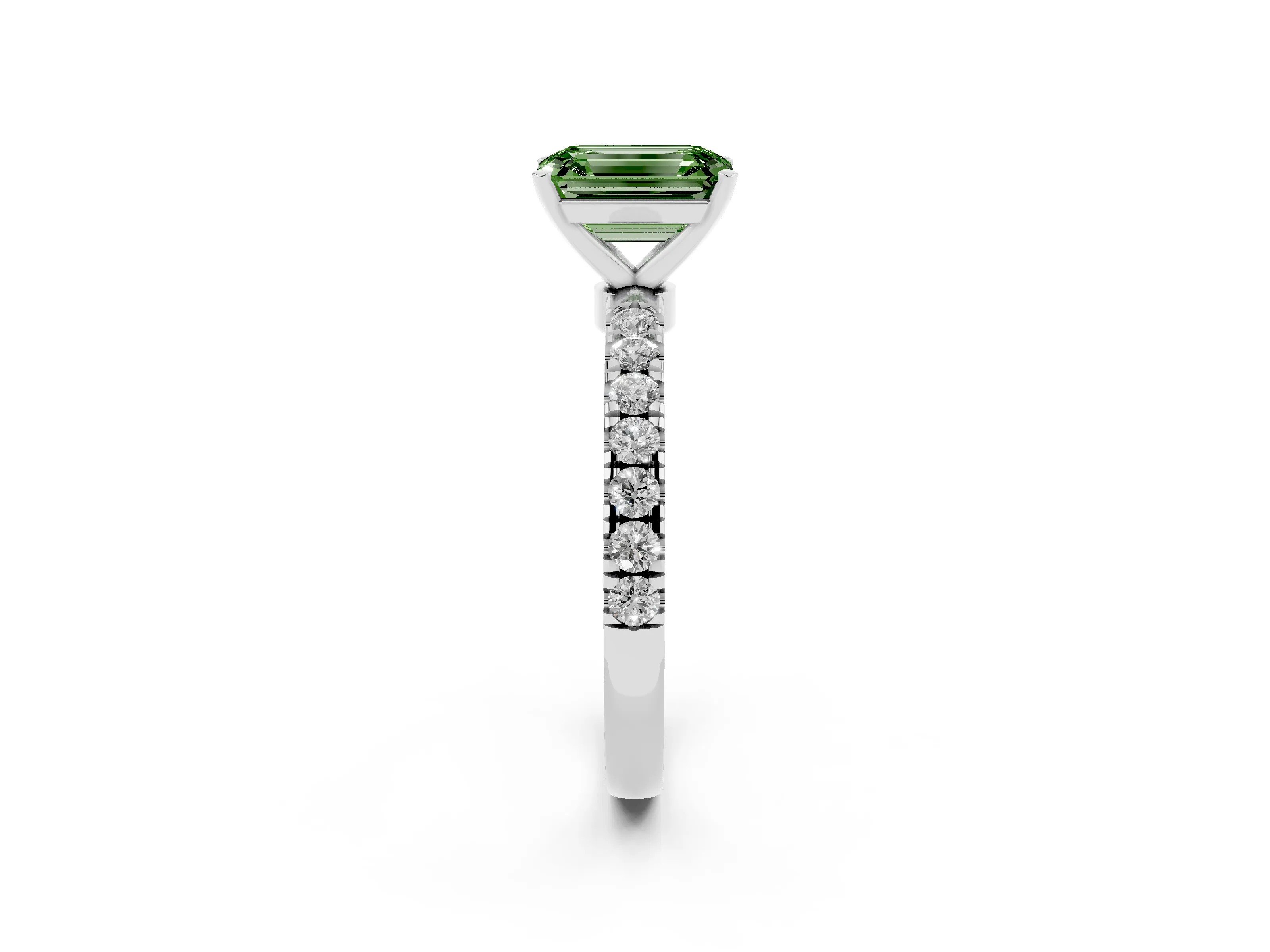 Fancy Green Emerald Cut Diamond Solitaire Ring Set in Platinum with Pavé Accents and Prong Setting