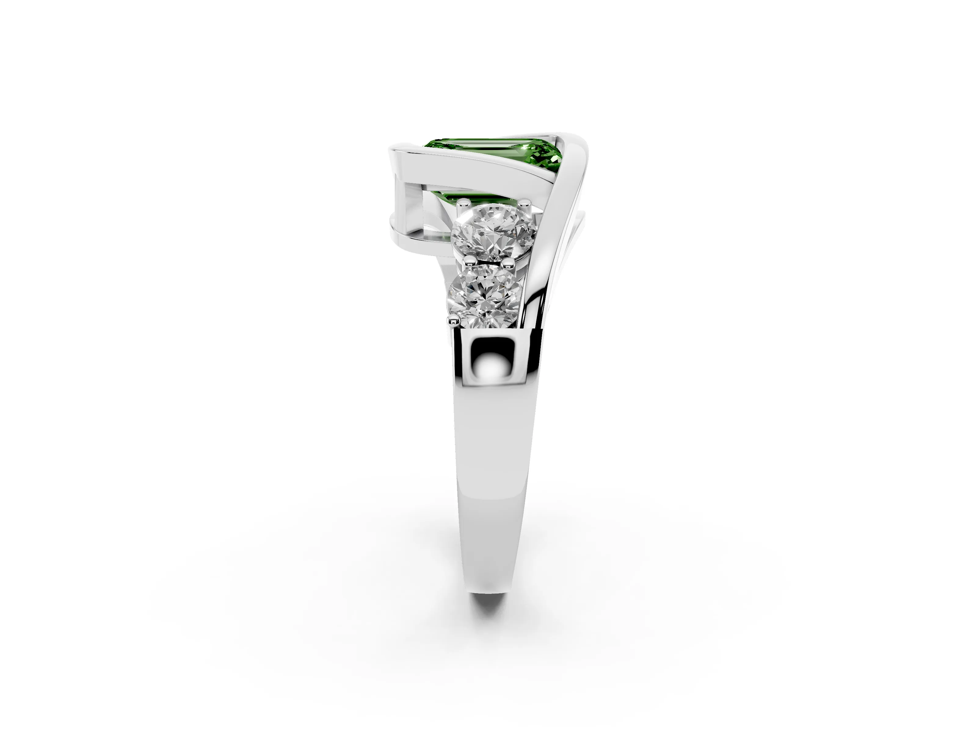 Fancy Green Emerald Cut Diamond Bezel Bypass Ring Set in Silver with Round Accents
