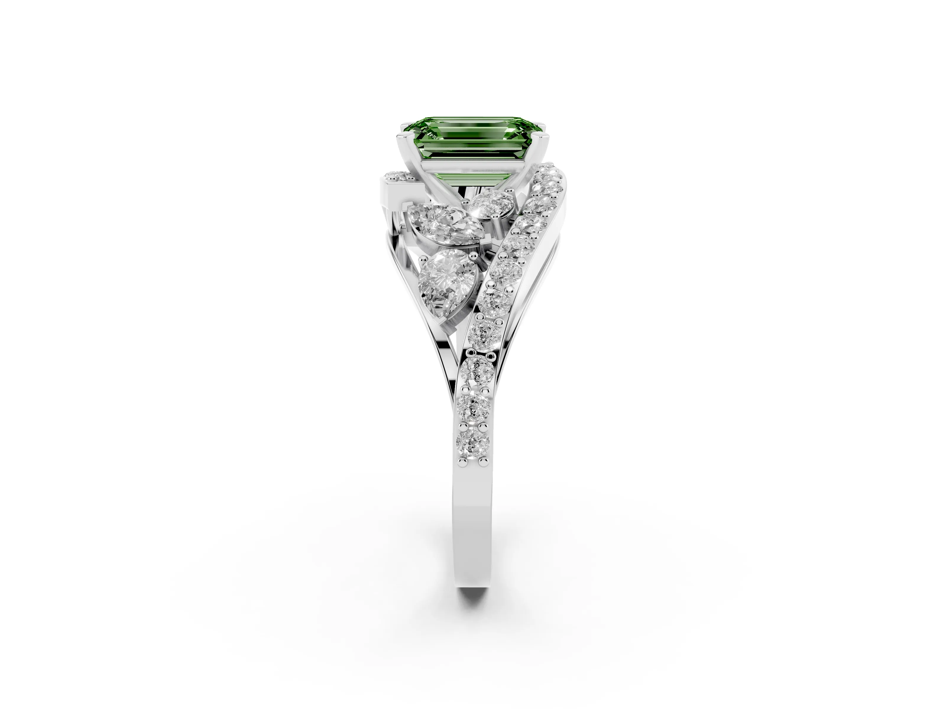 Fancy Green Emerald Cut Diamond Halo Ring Set in Platinum with Marquise and Pavé Band in Prong Setting