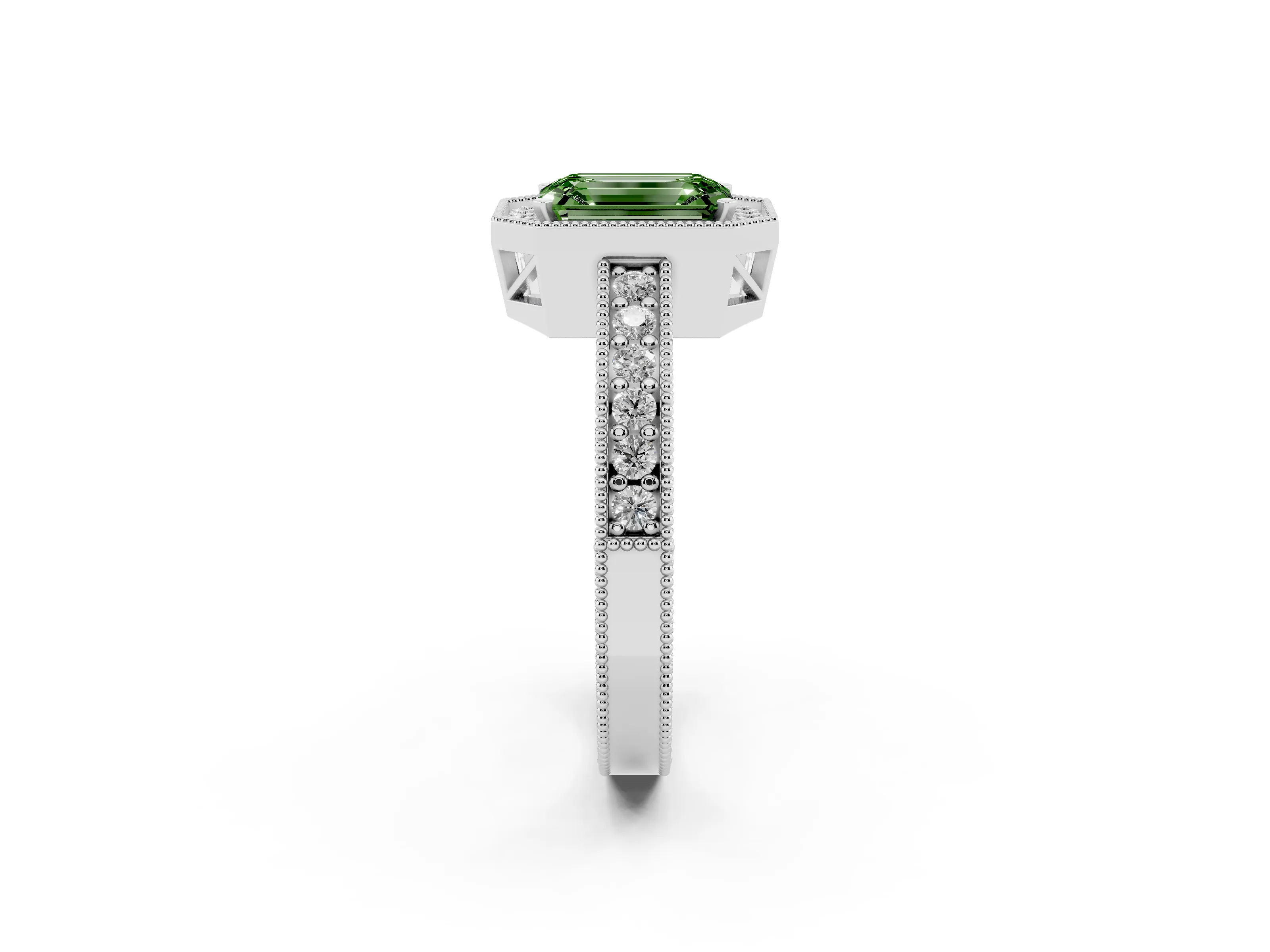 Fancy Green Emerald Cut Diamond Halo Pavé Band Ring Set in Platinum with Prong-Set Center