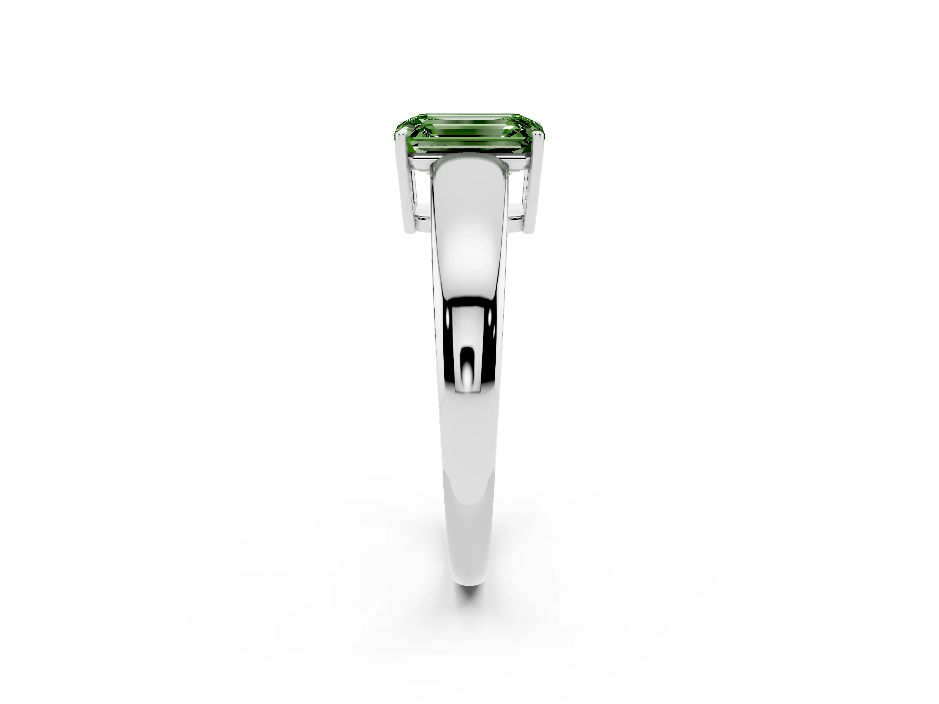 Fancy Green Emerald Cut Diamond Solitaire Ring Set in White gold with Tapered Band and Prong Setting