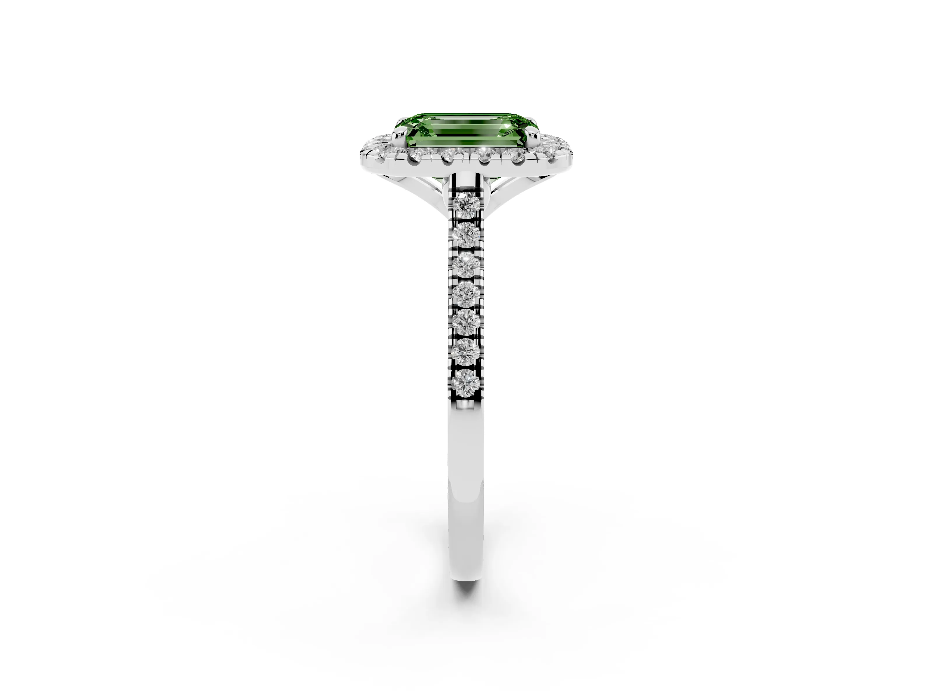 Fancy Green Emerald Cut Diamond Cushion Halo Ring Set in White gold with Pavé Band
