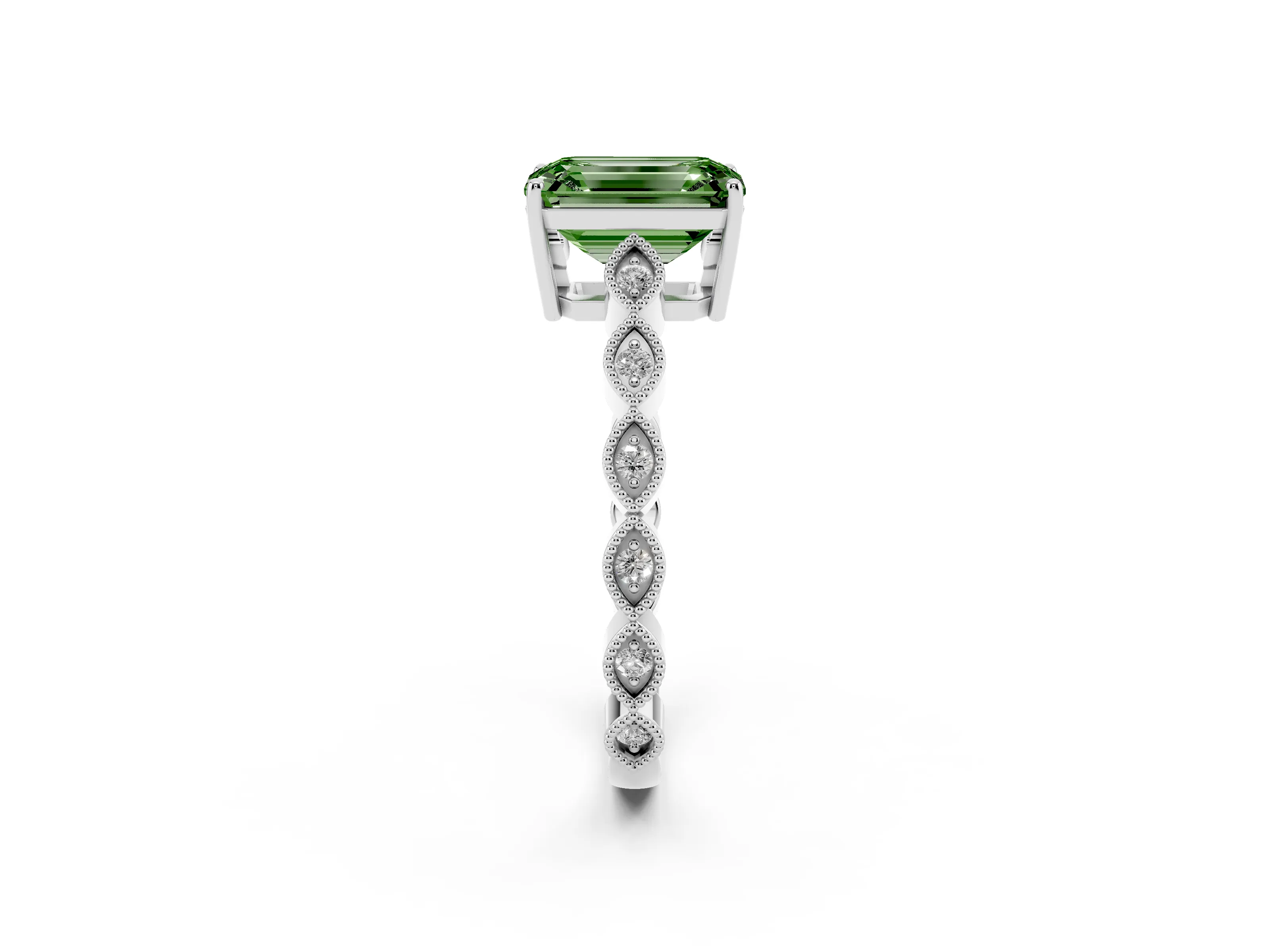 Fancy Green Emerald Cut Diamond Solitaire Ring Set in Platinum with Infinity Twist Pavé Band