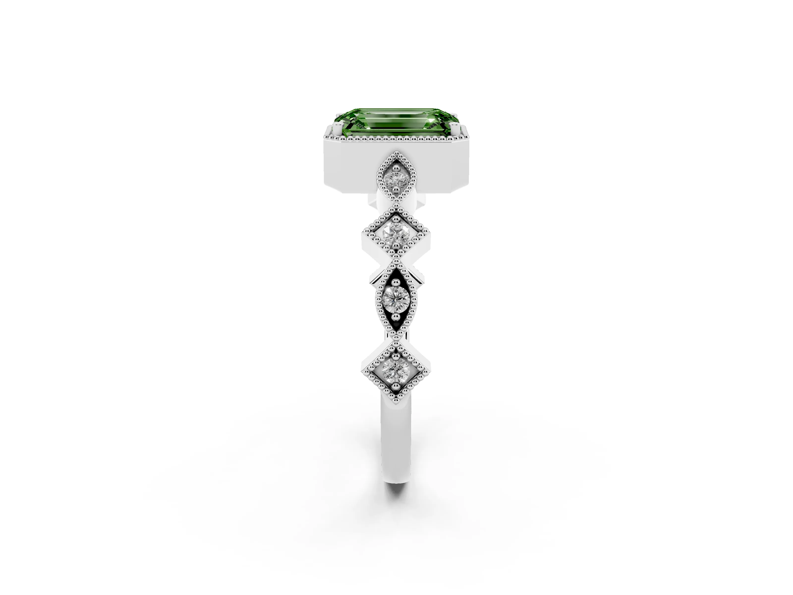 Fancy Green Emerald Cut Diamond Milgrain Marquise Twist Band Ring Set in White gold with Prong Setting