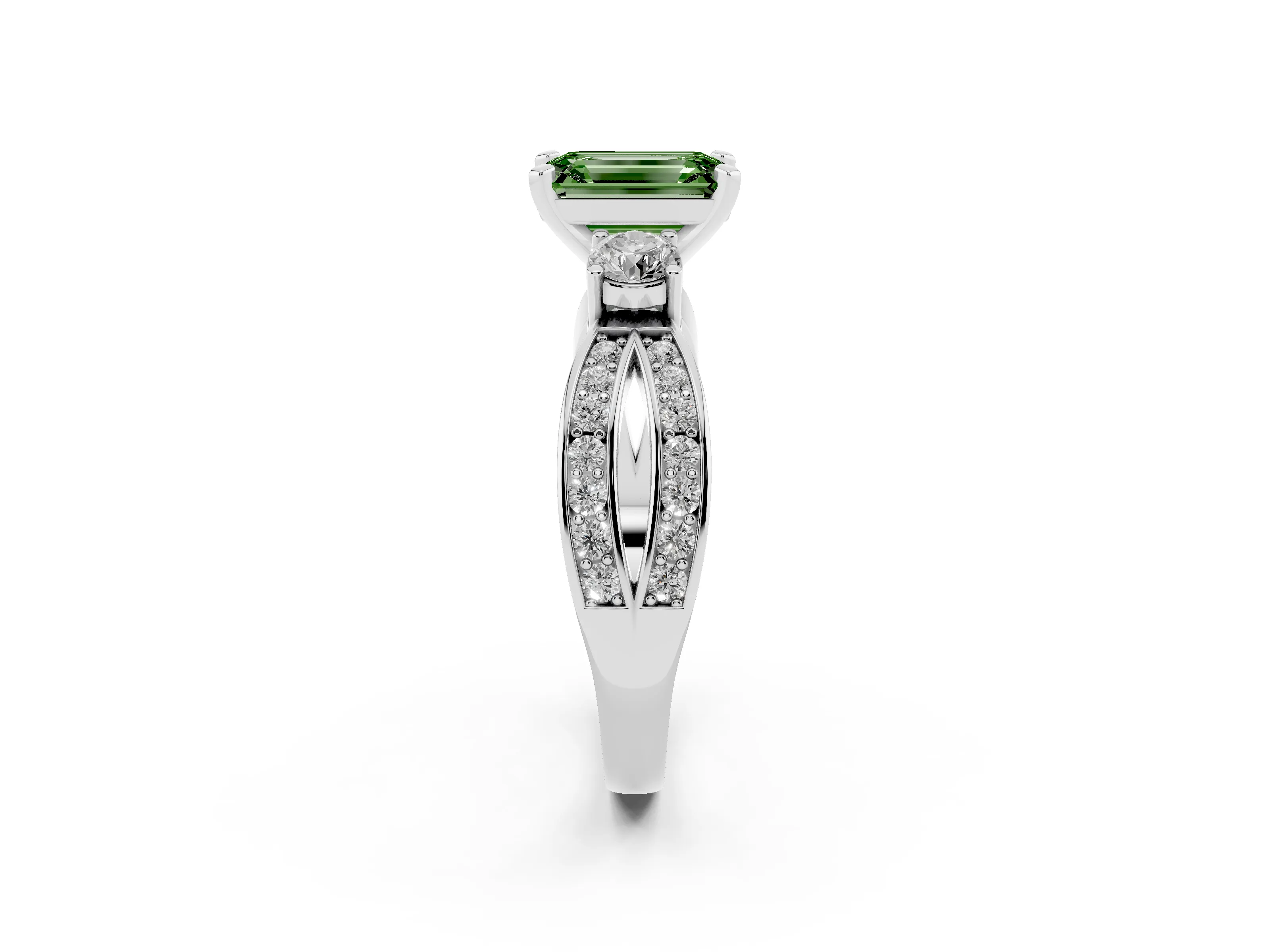 Fancy Green Three-Stone Emerald Cut Diamond Twist Band Ring Set in White gold with Pavé Accents and Prong Setting