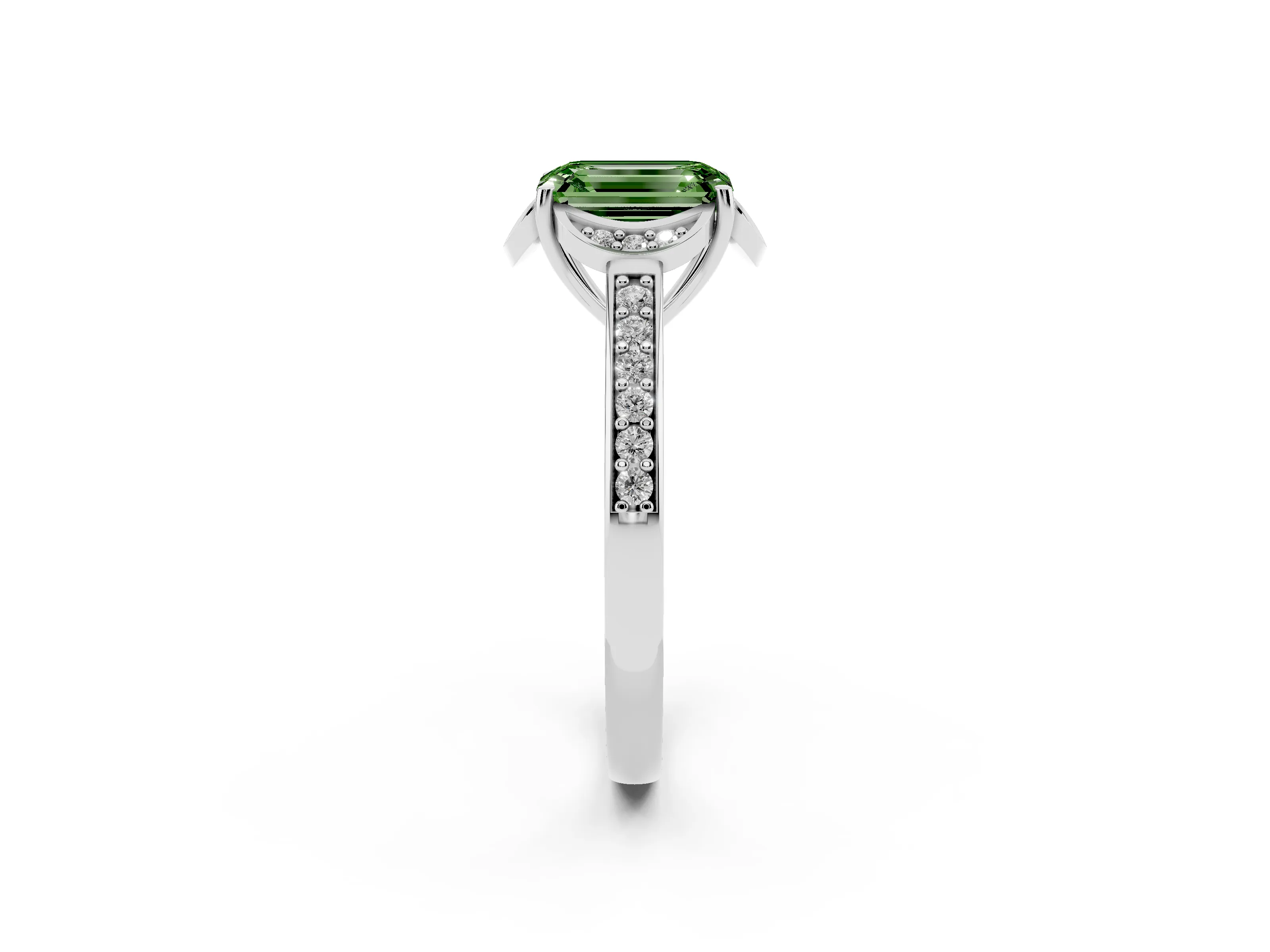 Fancy Green Emerald Cut Diamond Halo Ring Set in Platinum with Channel Set Band and Prong Setting