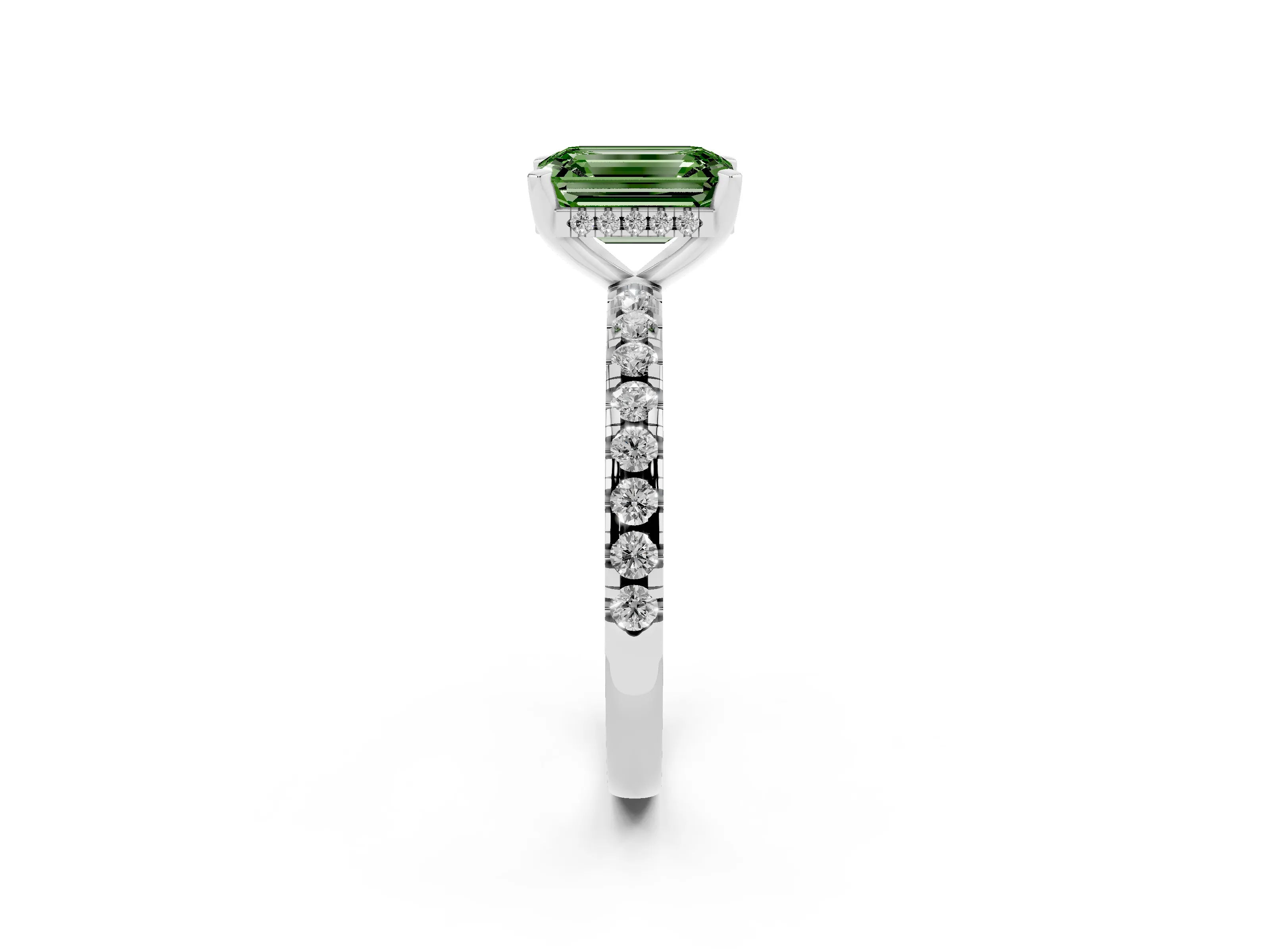 Fancy Green Emerald Cut Diamond Pavé Solitaire Ring Set in Platinum with Round Band Accents and Prong Setting