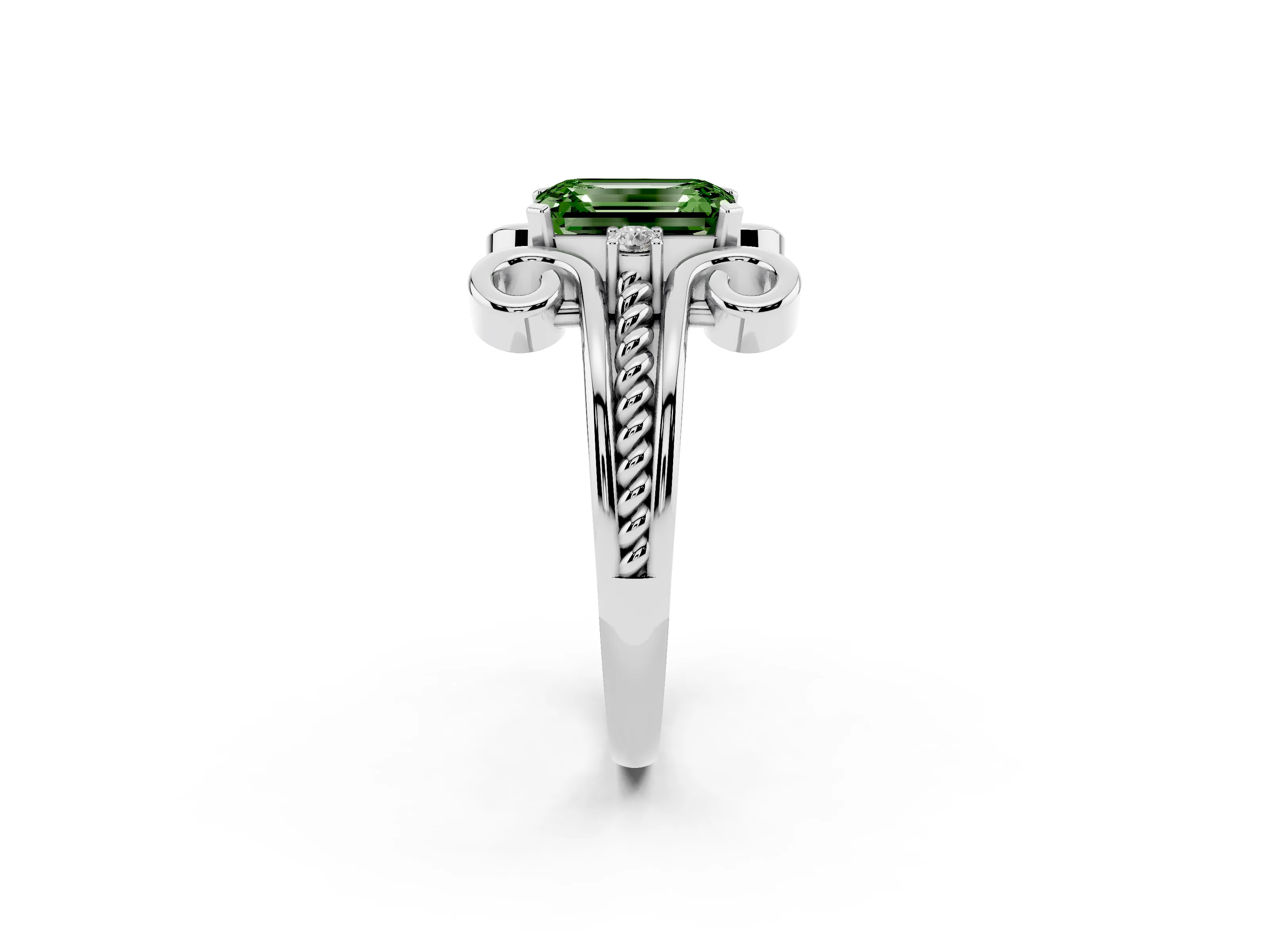 Fancy Green Emerald Cut Diamond Twisted Band Solitaire Ring Set in Platinum with Scroll Prongs