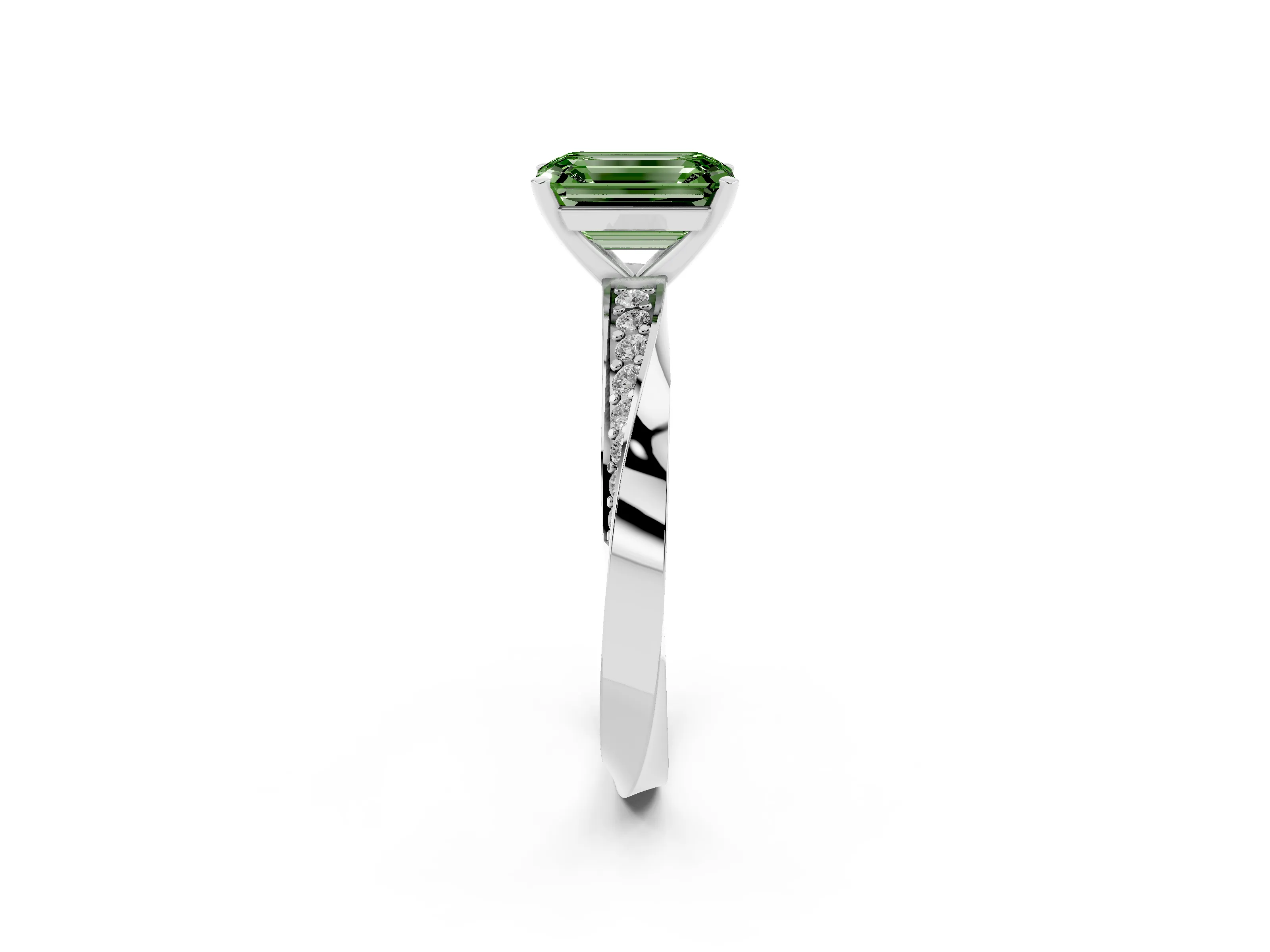 Fancy Green Emerald Cut Diamond Engagement Ring Set in White gold with Side Stone Accents and Prong Setting