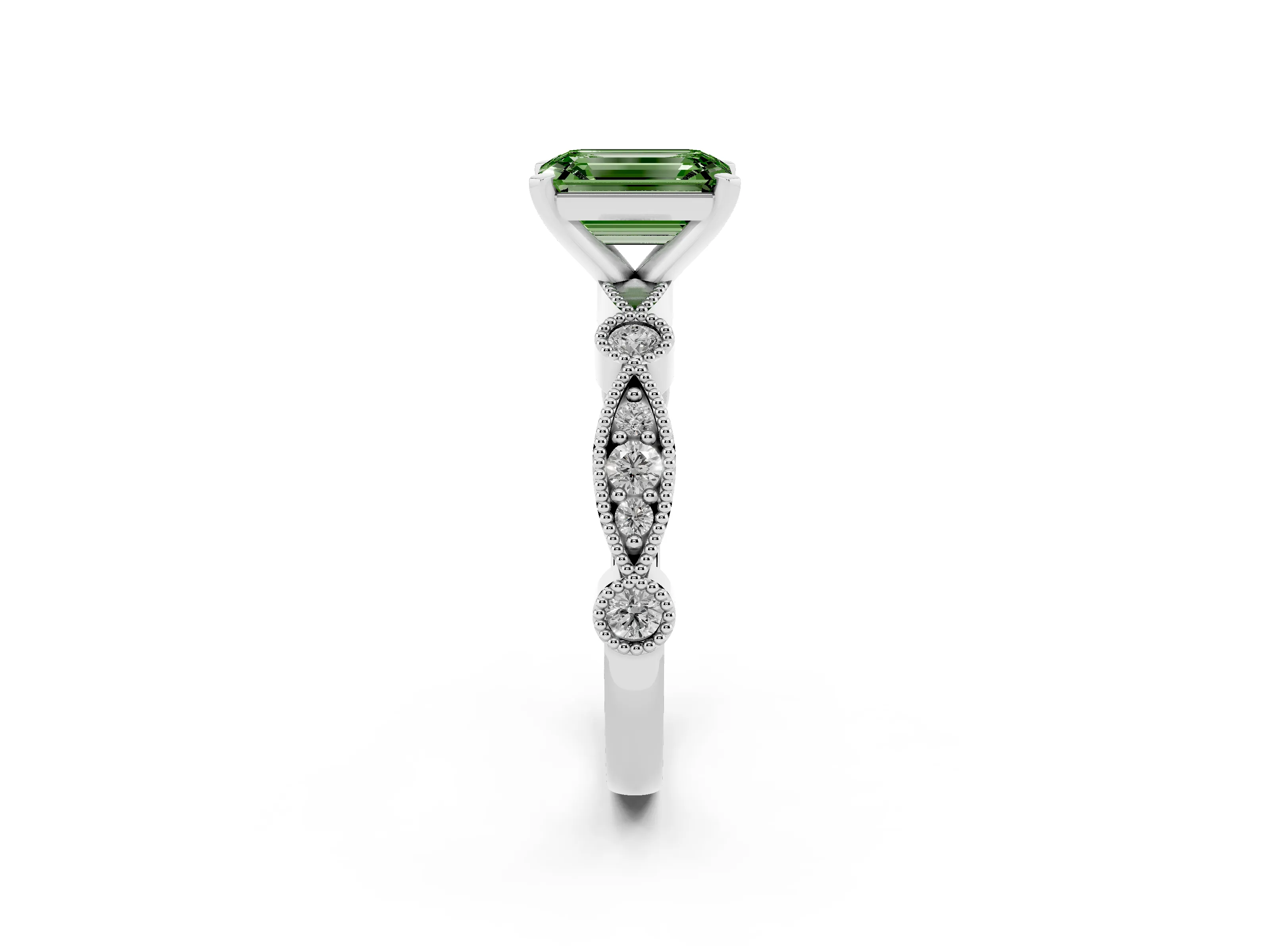Fancy Green Emerald Cut Diamond Solitaire Engagement Ring Set in Silver with Milgrain Bezel Accent Band