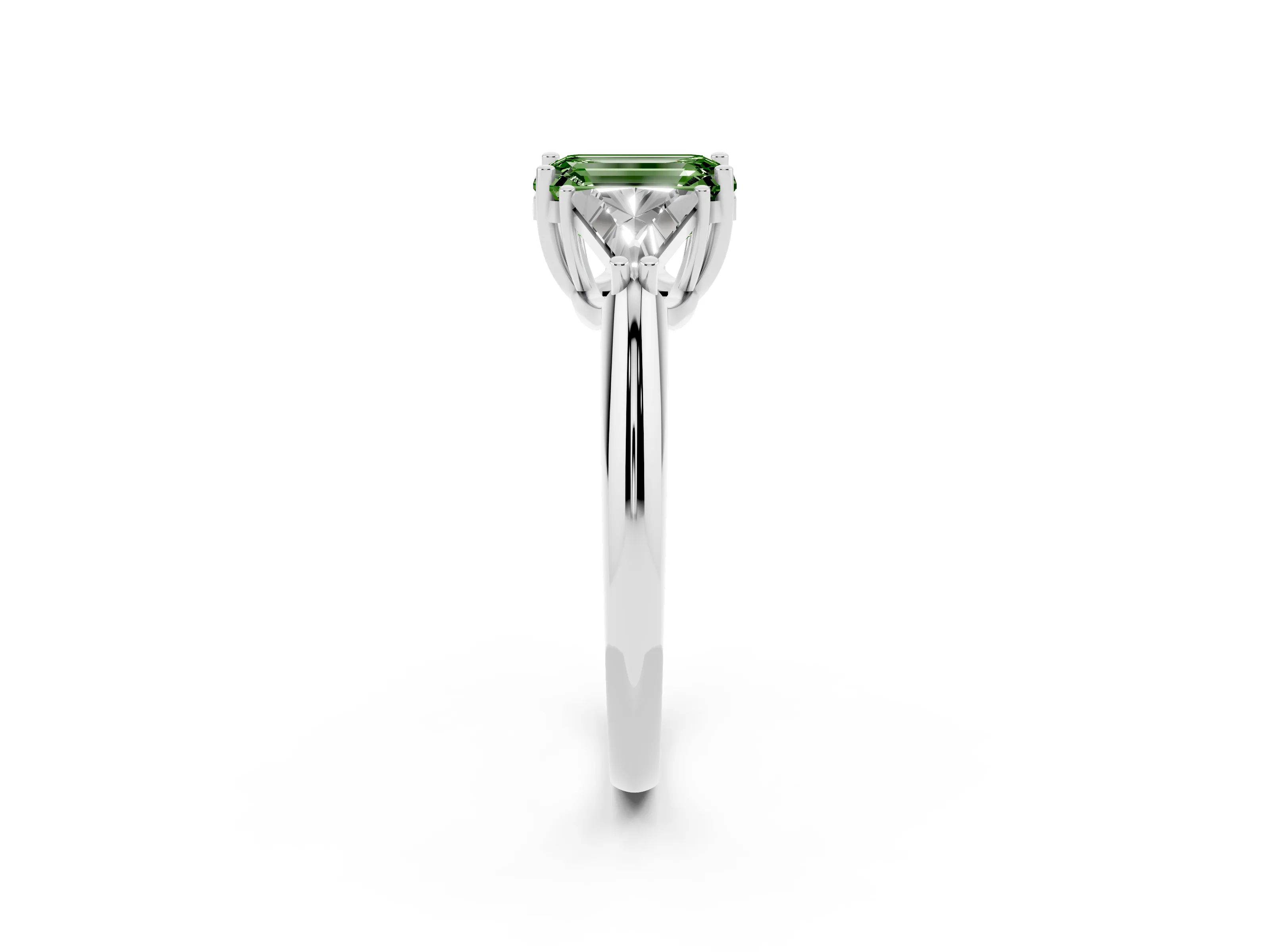 Fancy Green Emerald Cut Diamond Three-Stone Engagement Ring Set in Platinum with Trillion Side Stones