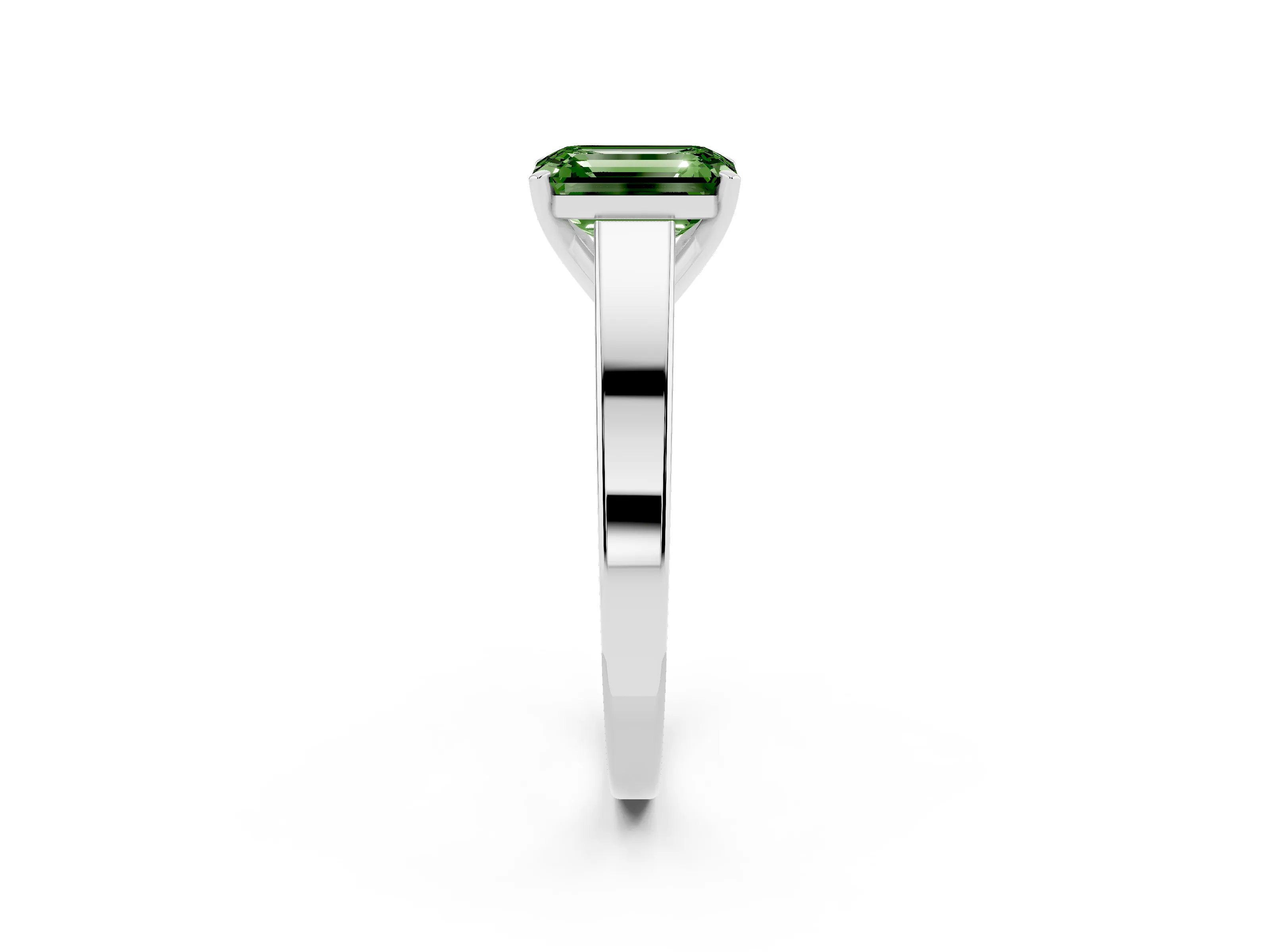 Fancy Green Emerald Cut Diamond Solitaire Engagement Ring Set in Platinum with Prong Setting and Tapered Band