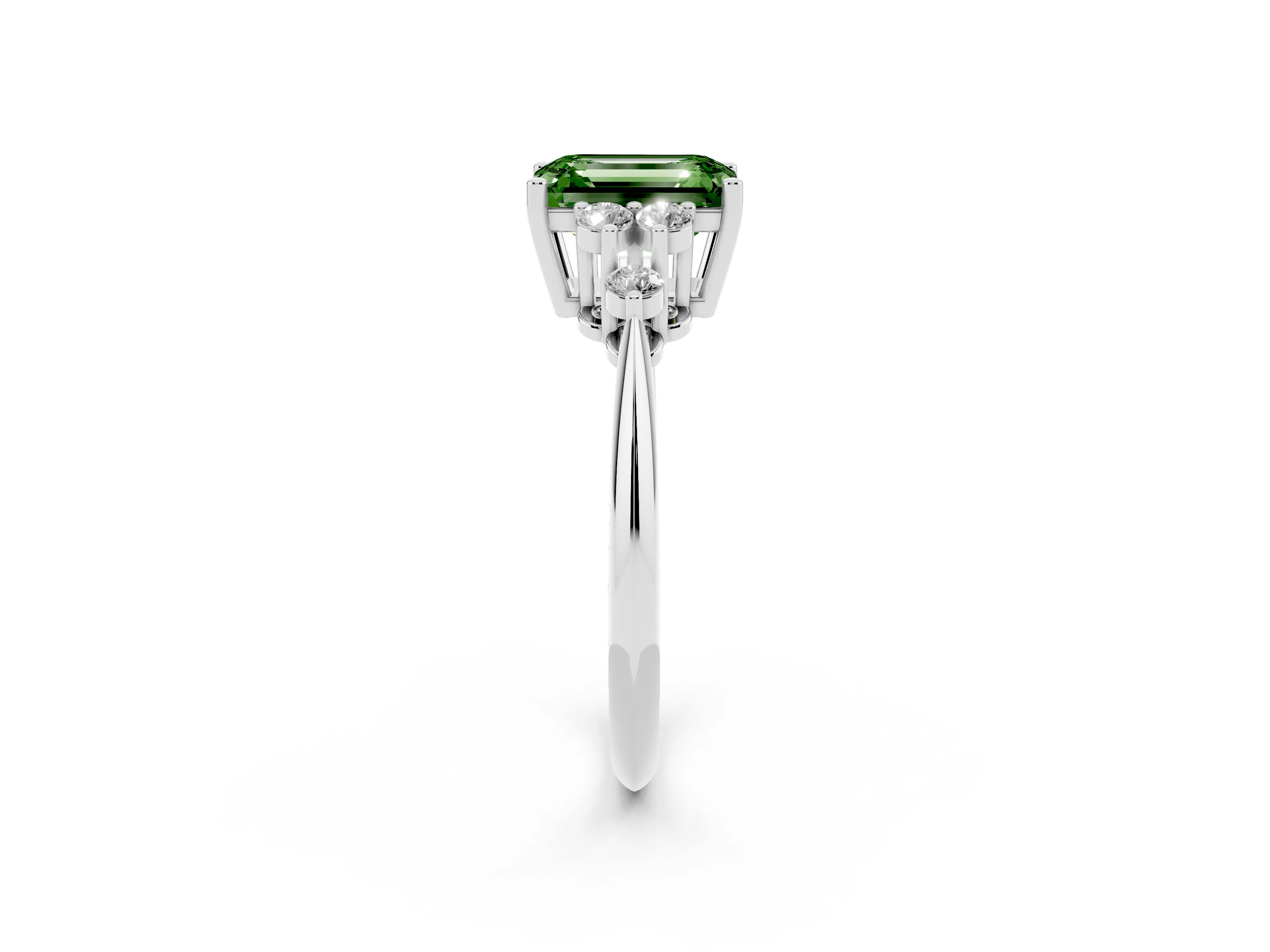 Fancy Green Emerald Cut Diamond Cluster Ring Set in Silver with Plain Band and Prong Setting