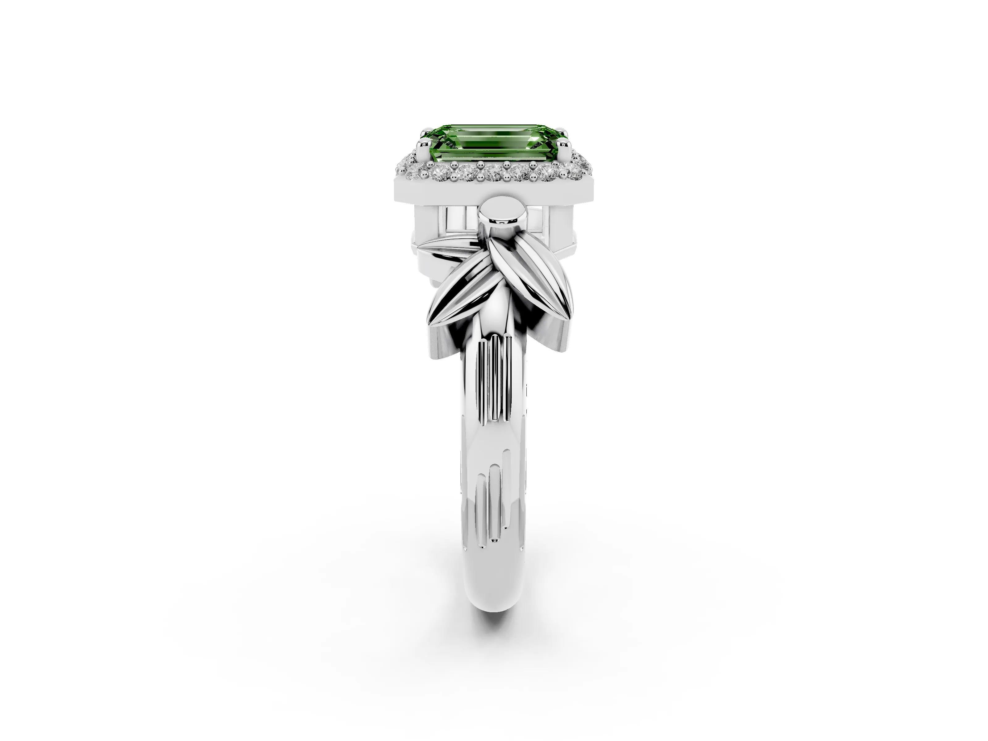 Fancy Green Emerald Cut Diamond Halo Floral Band Ring Set in White gold with Prong Setting