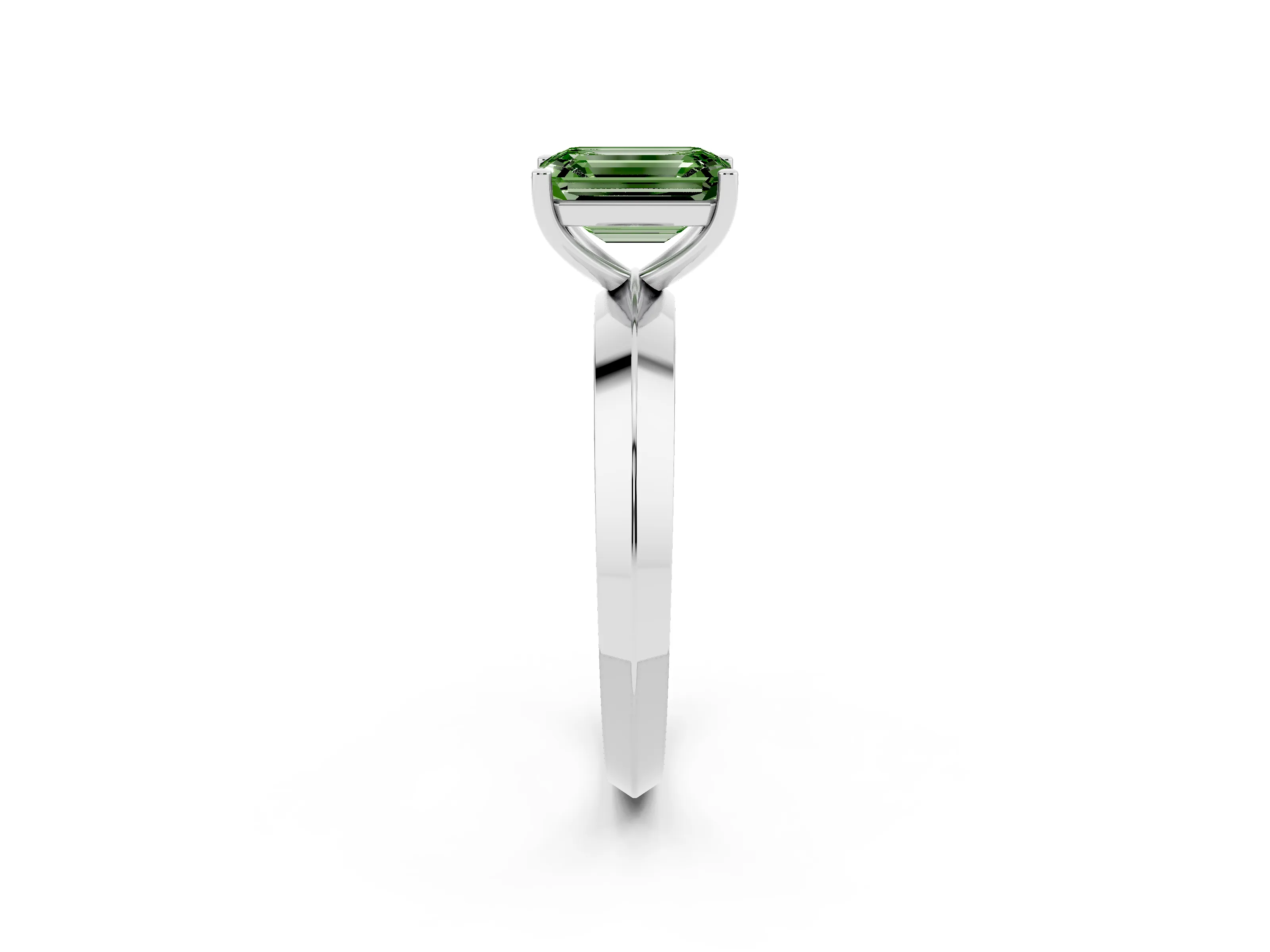 Fancy Green Emerald Cut Diamond Solitaire Engagement Ring Set in White gold with Flat Band and Prong Setting