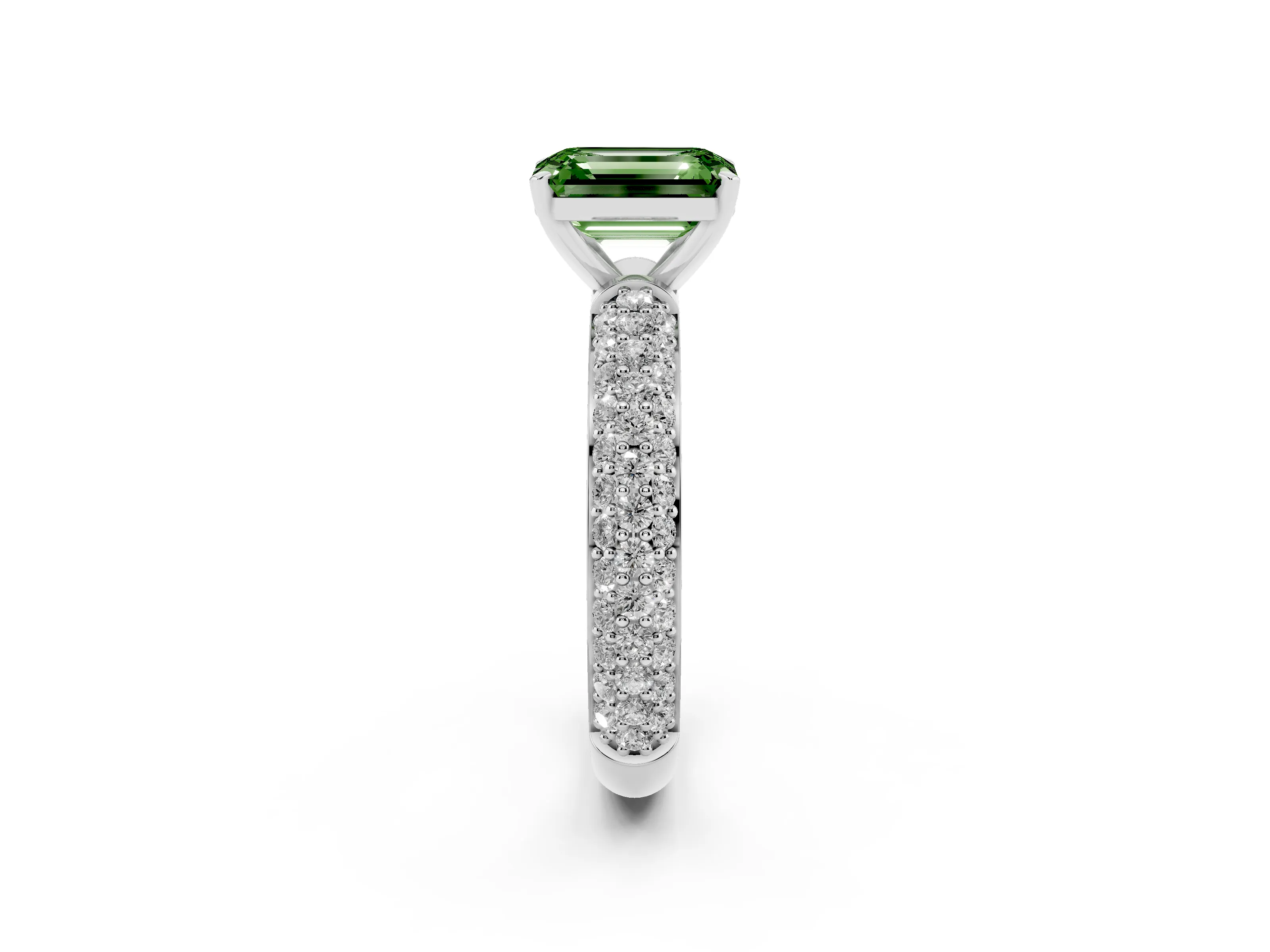 Fancy Green Emerald Cut Diamond Solitaire Ring Set in Platinum with Prong Setting and Pavé-Set Band