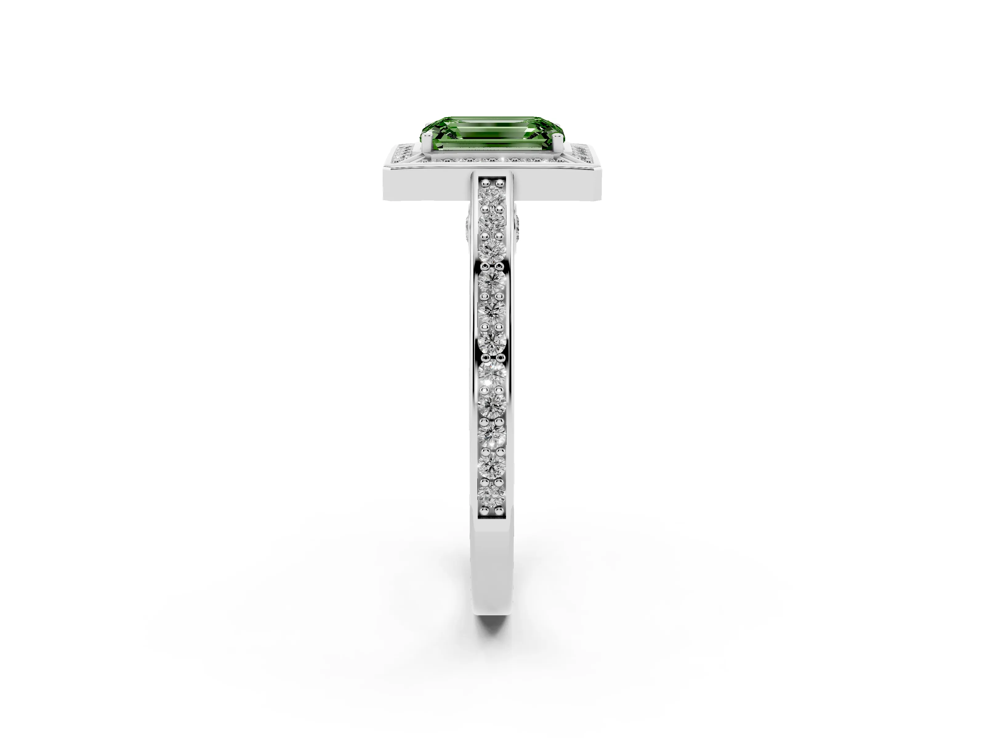Fancy Green Emerald Cut Diamond Halo Pavé Split Shank Ring Set in Silver with Prong Setting