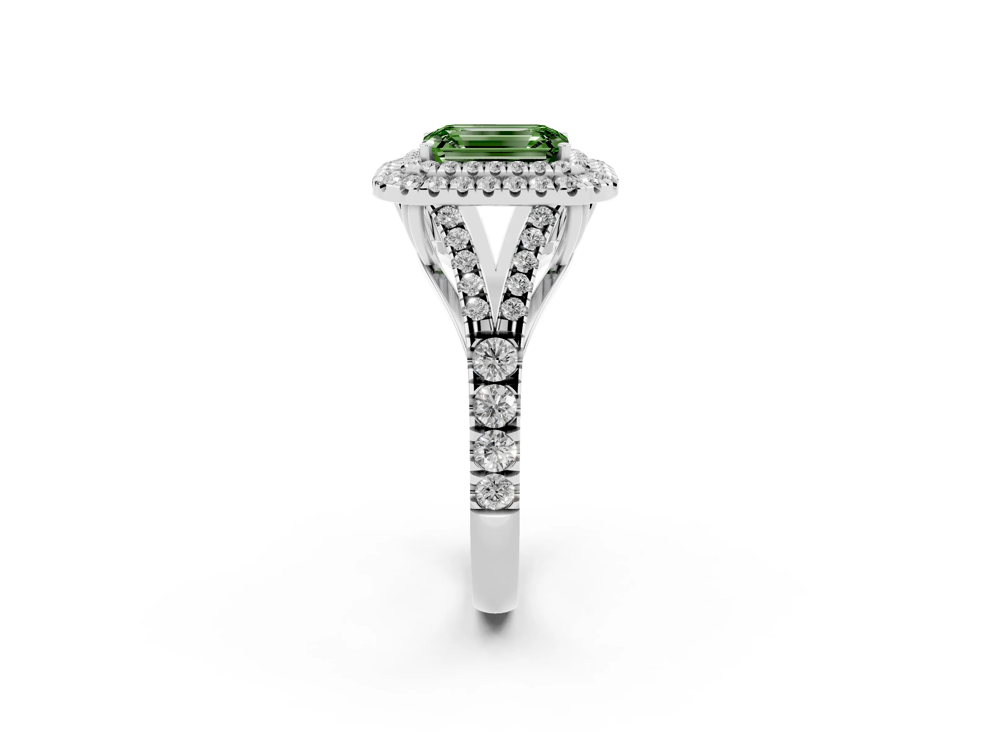 Fancy Green Emerald Cut Diamond Pavé Split Shank Double Halo Engagement Ring Set in White gold