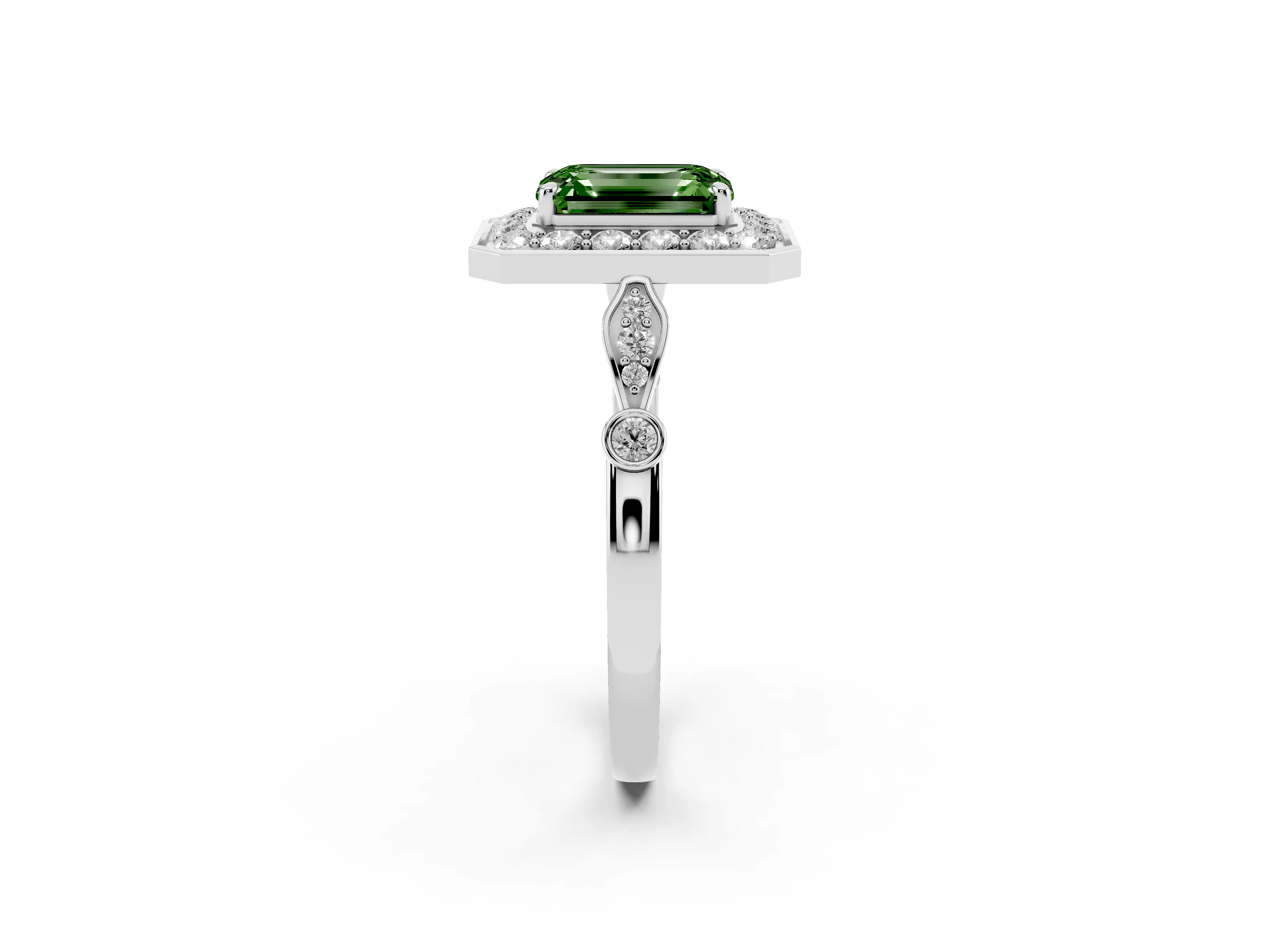 Fancy Green Emerald Cut Diamond Halo Engagement Ring Set in Platinum with Twisted Band and Prong Setting