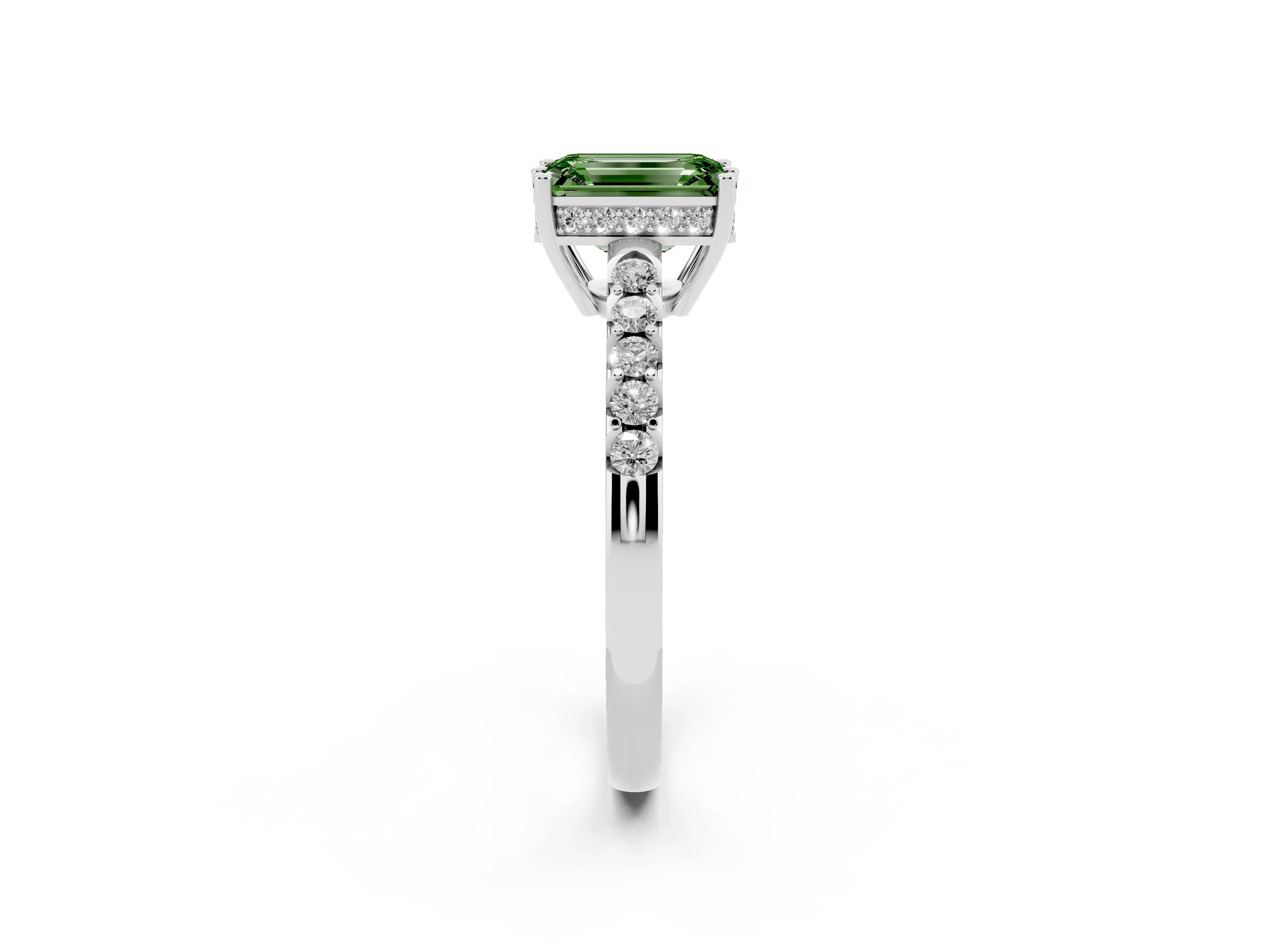 Fancy Green Emerald Cut Diamond Solitaire Engagement Ring Set in White gold with Pavé Band and Prong Setting