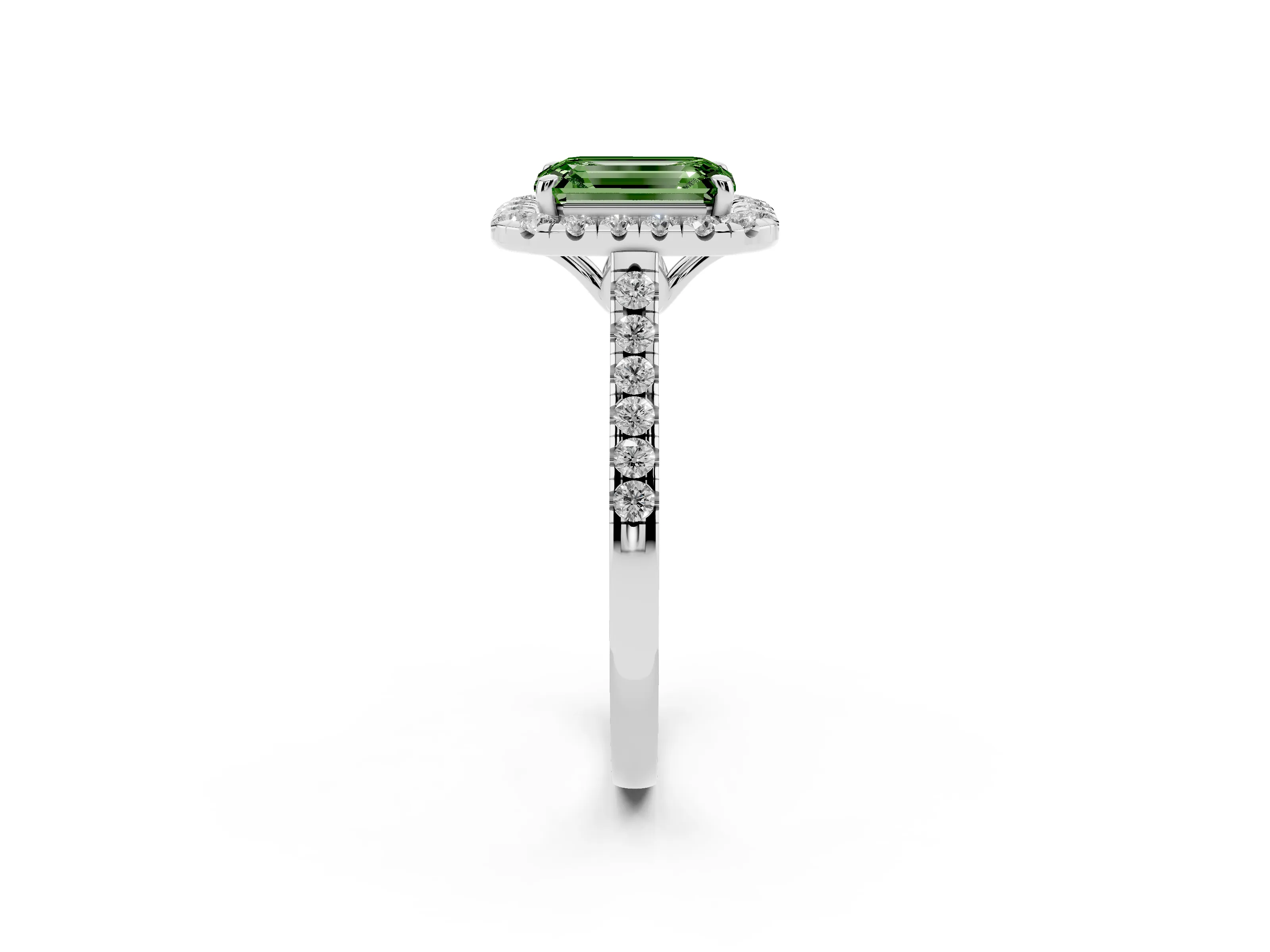 Fancy Green Emerald Cut Diamond Pavé Halo Engagement Ring Set in Platinum with Pavé Band and Prong Setting