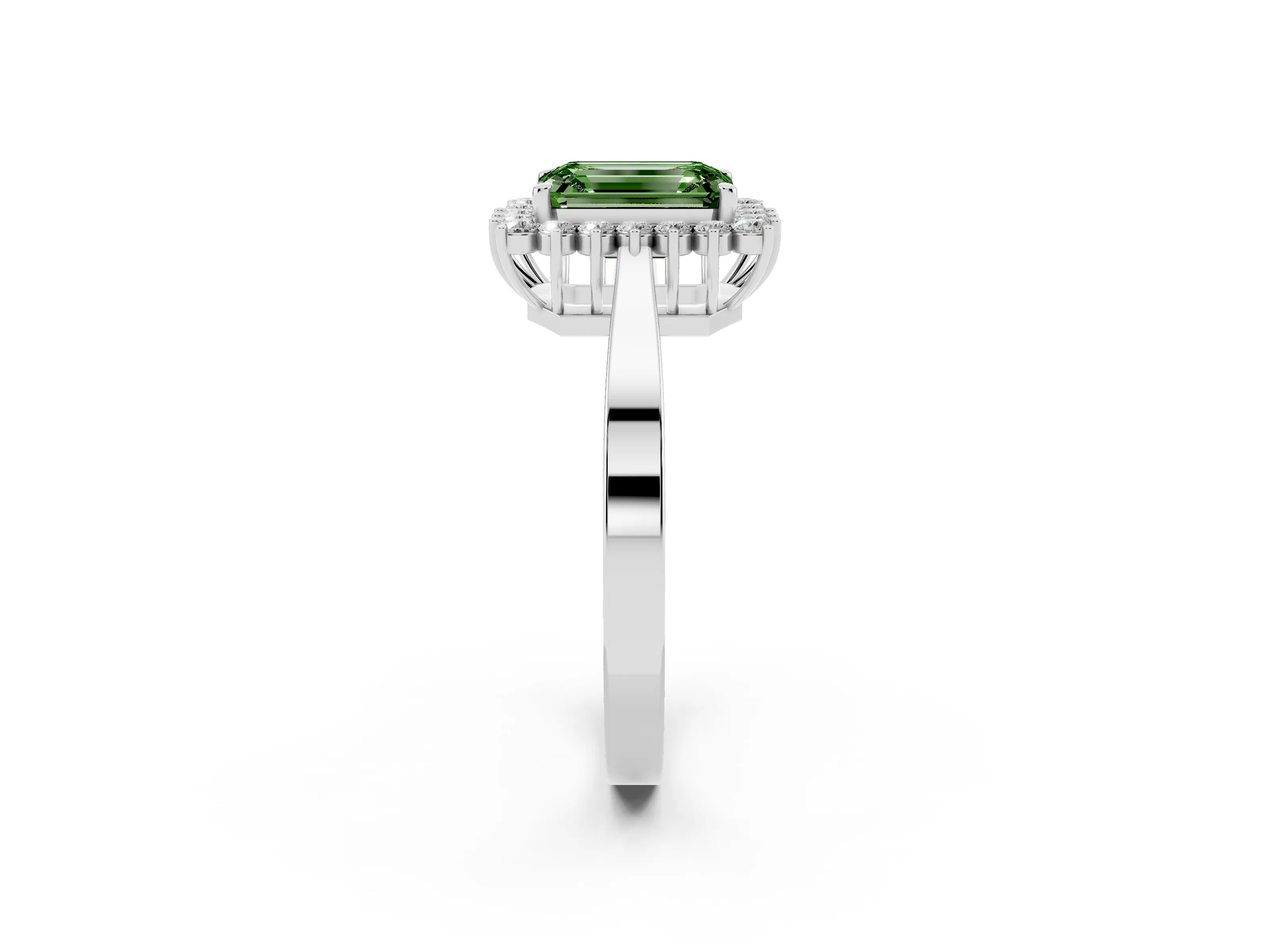 Fancy Green Emerald Cut Diamond Halo Ring Set in Platinum with Round Halo and Smooth Solitaire Band