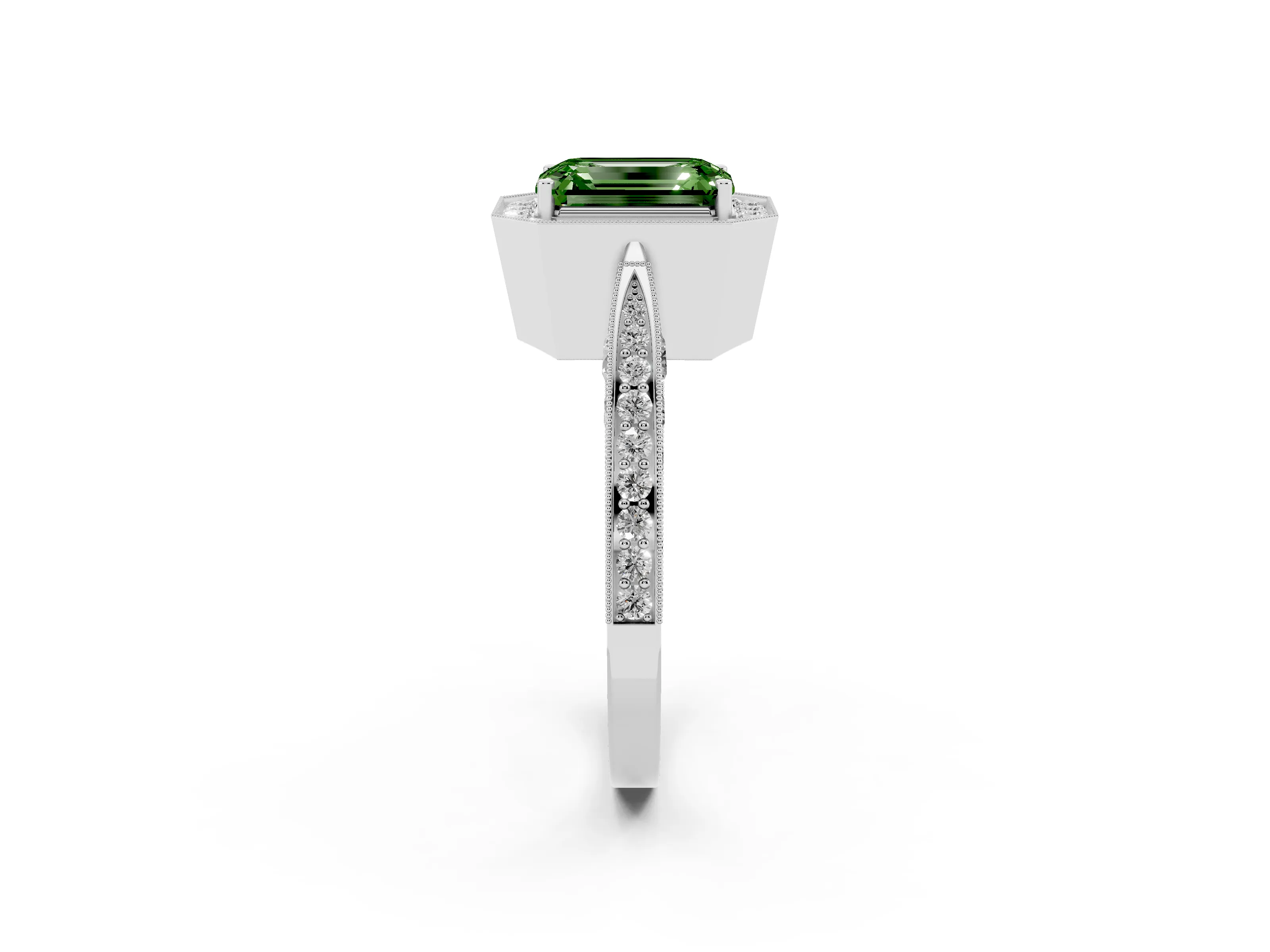 Fancy Green Emerald Cut Diamond Halo Engagement Ring Set in Platinum with Accent Split Shank Band