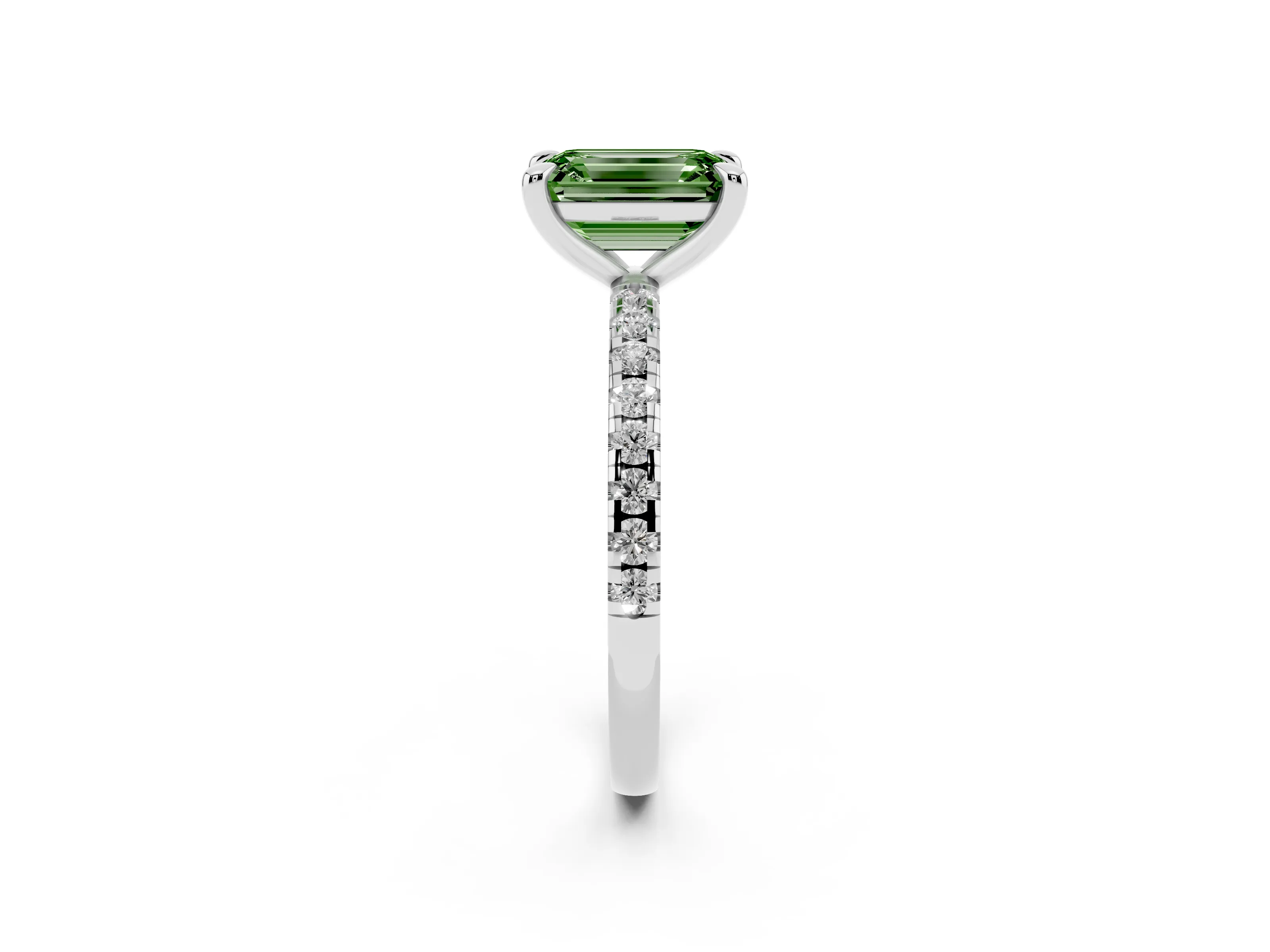 Fancy Green Emerald Cut Diamond Brilliant Solitaire Ring Set in White gold with Pavé Band and Prong Setting