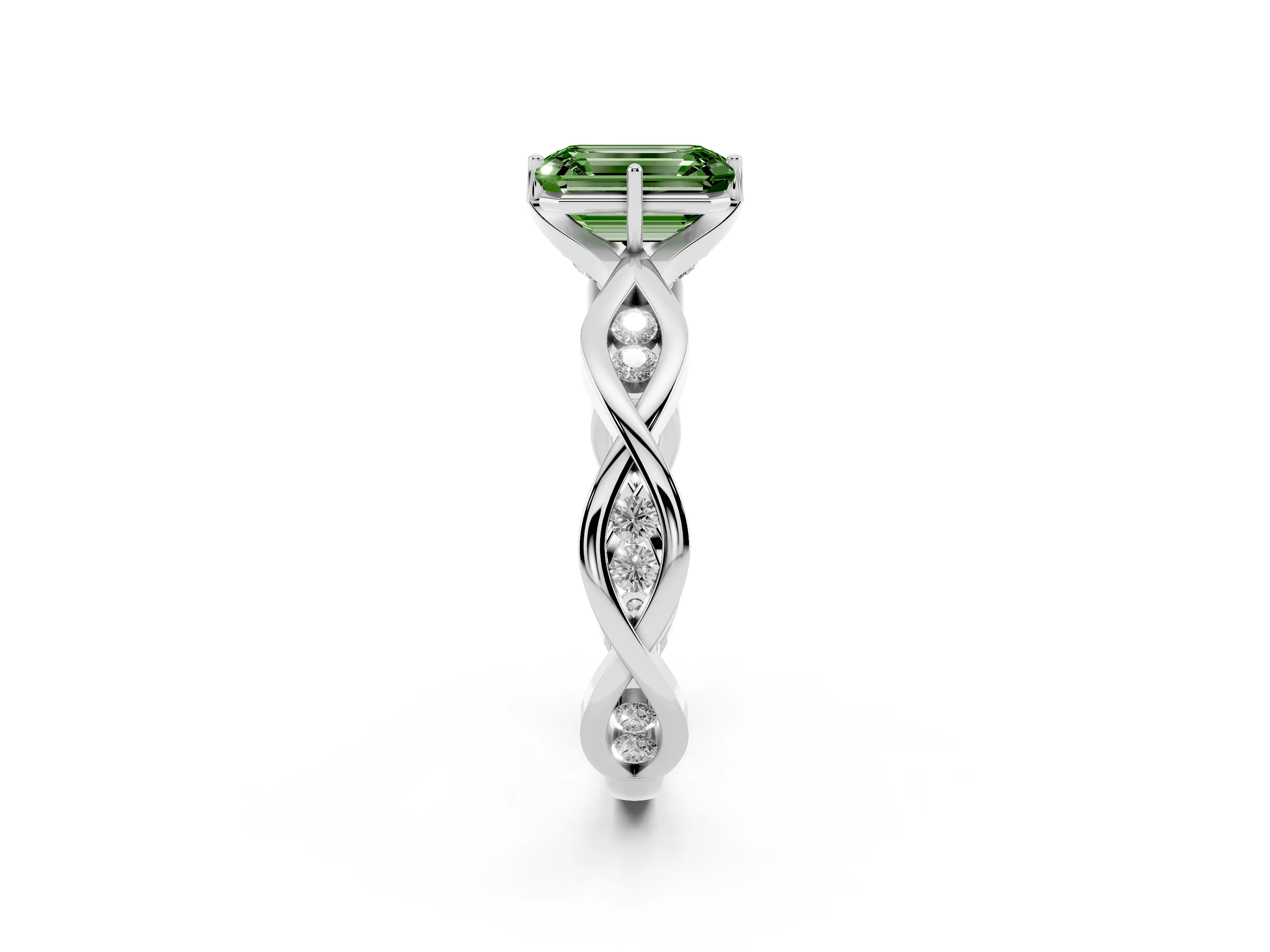 Fancy Green Emerald Cut Diamond Twist Band Solitaire Ring Set in Platinum with Leaf Prong Setting and Accent Stones