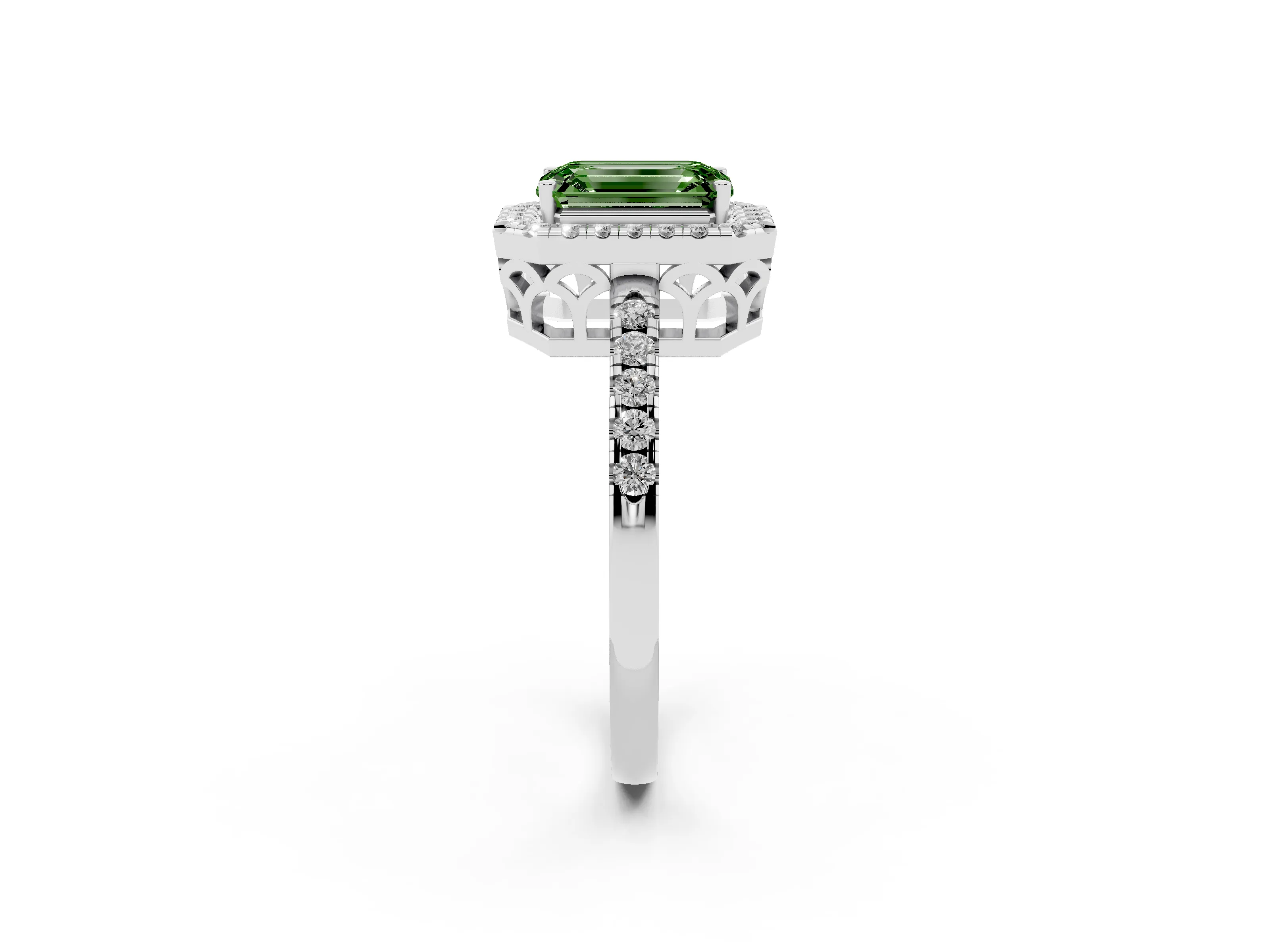 Fancy Green Emerald Cut Diamond Pavé Band Halo Engagement Ring Set in Silver with Prong Setting