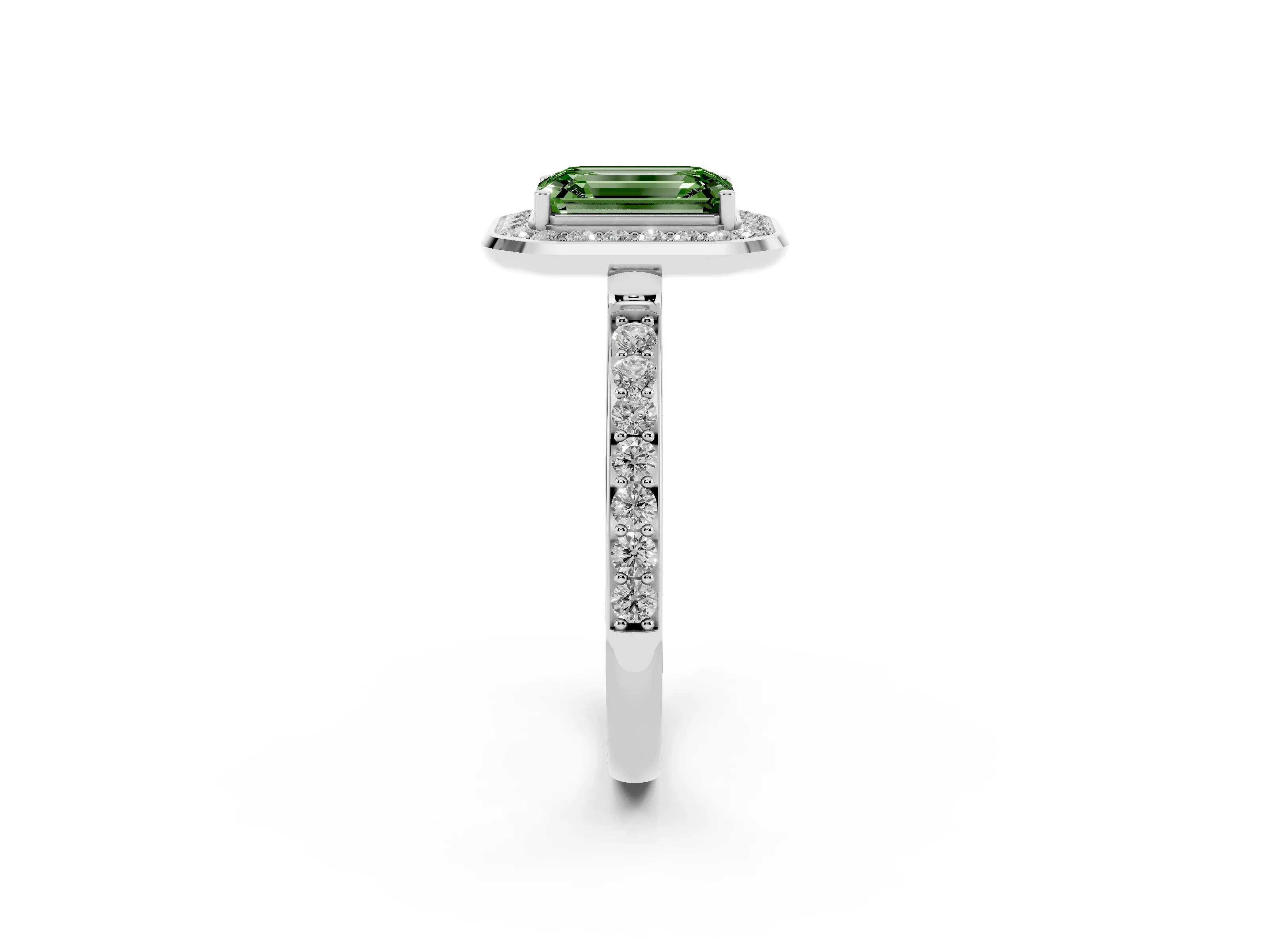 Fancy Green Emerald Cut Diamond Halo Ring Set in White gold with Bezel Frame and Pavé Band
