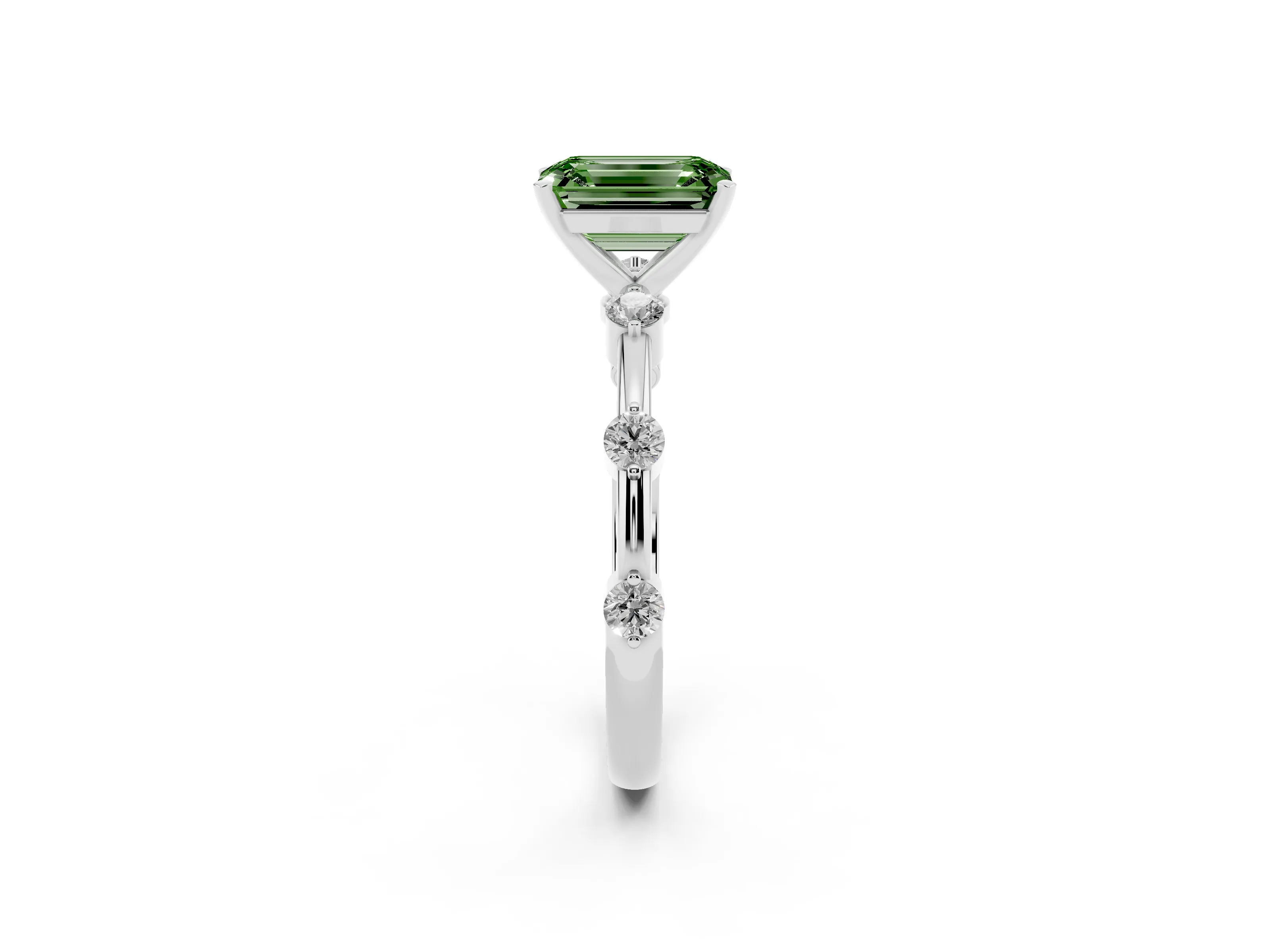 Fancy Green Emerald Cut Diamond Solitaire Ring Set in White gold with Bezel Set Side Stones and Prong Setting